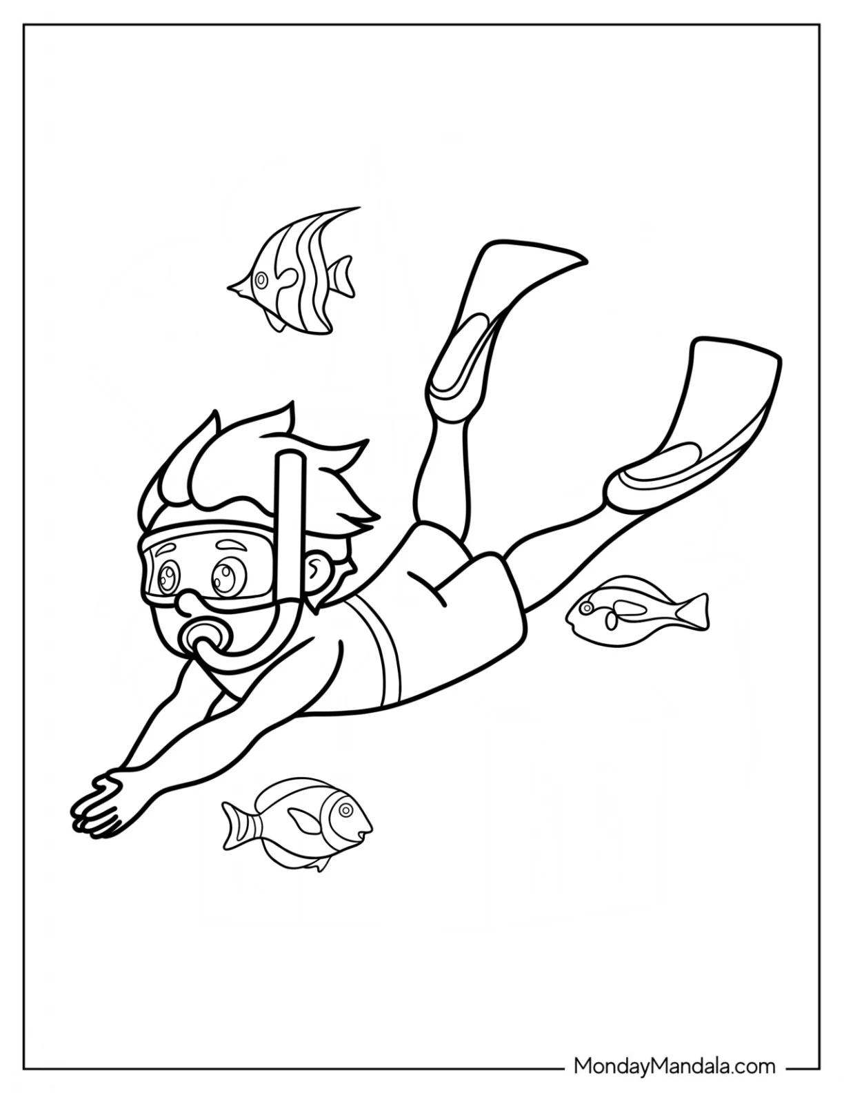Simple Little Boy Swimming Coloring Page With Snorkeling Gear For Kids coloring page