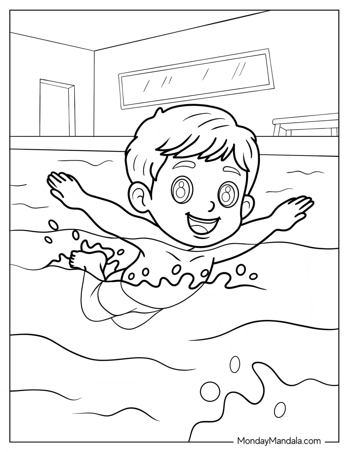 Smiling Boy Swimming Coloring Page In The Pool coloring page — printable line art