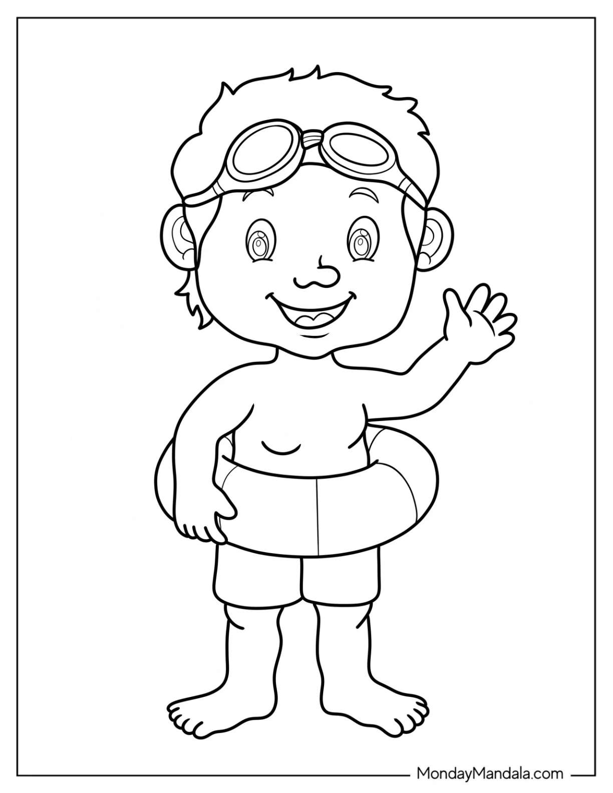 Swimming Coloring Page Of Boy Wearing Goggles And Pool Float For Preschoolers coloring page — printable line art