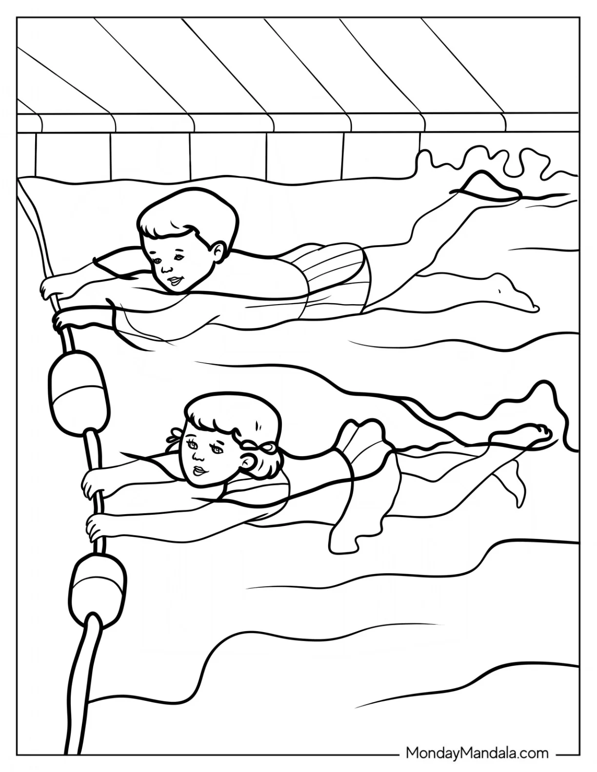 Swimming Coloring Page Of Children Holding Onto Lane Lines While Paddling Feet coloring page