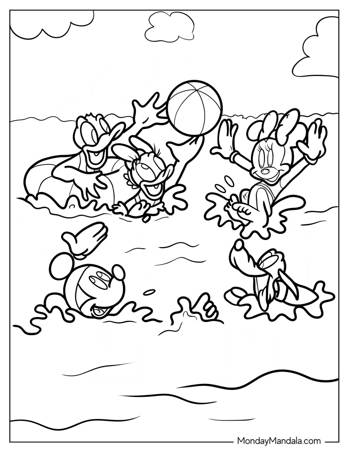 Swimming Coloring Page Of Donald Duck, Daisy Duck, Mickey Mouse, And Minnie Mouse, With Pluto Playing In The Sea coloring page