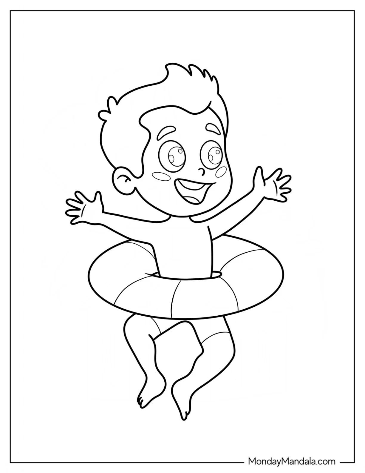 Swimming Coloring Page Of Happy Little Boy Wearing Pool Float For Kids coloring page — printable line art