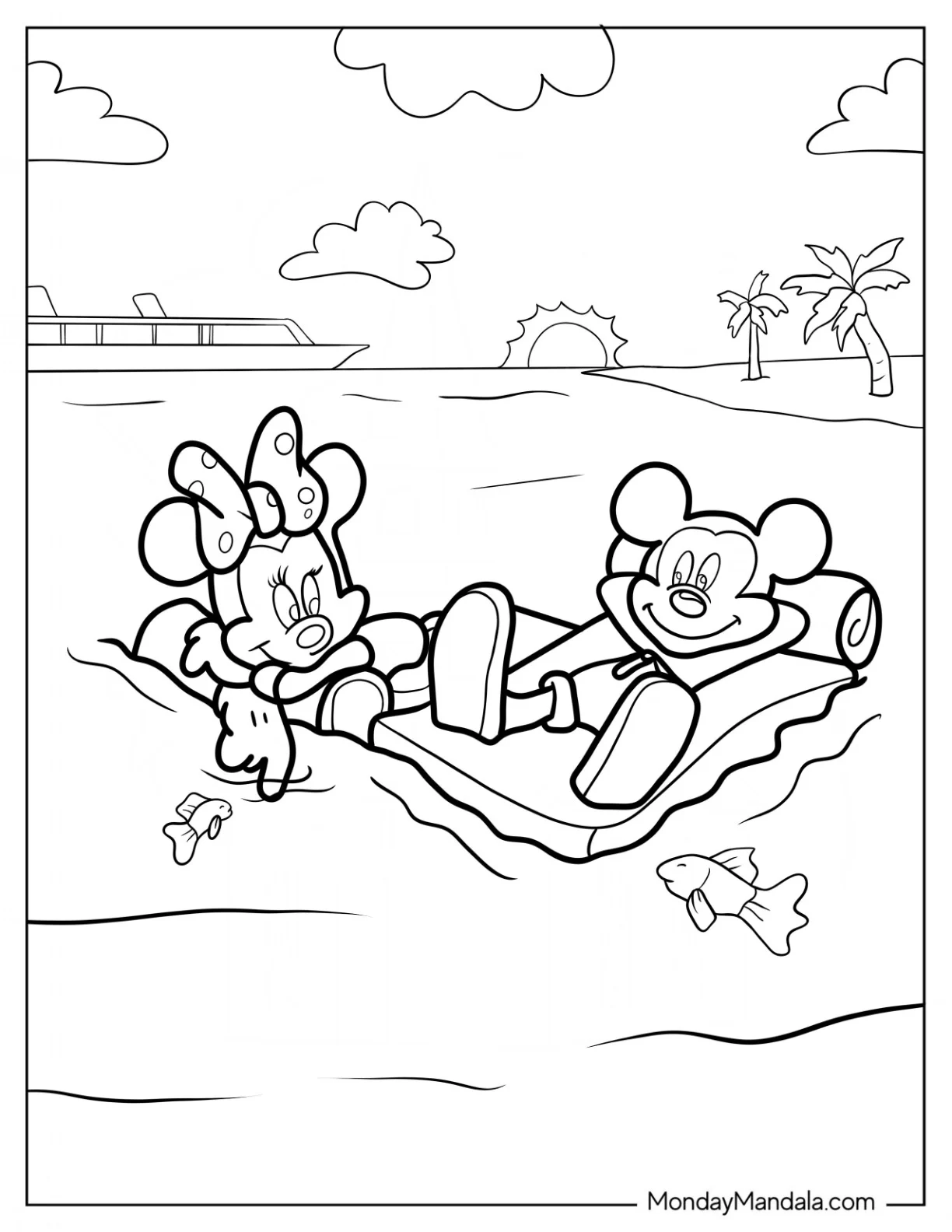 Swimming Coloring Page  Of Mickey Mouse And Minnie Mouse On An Inflatable At The Beach coloring page