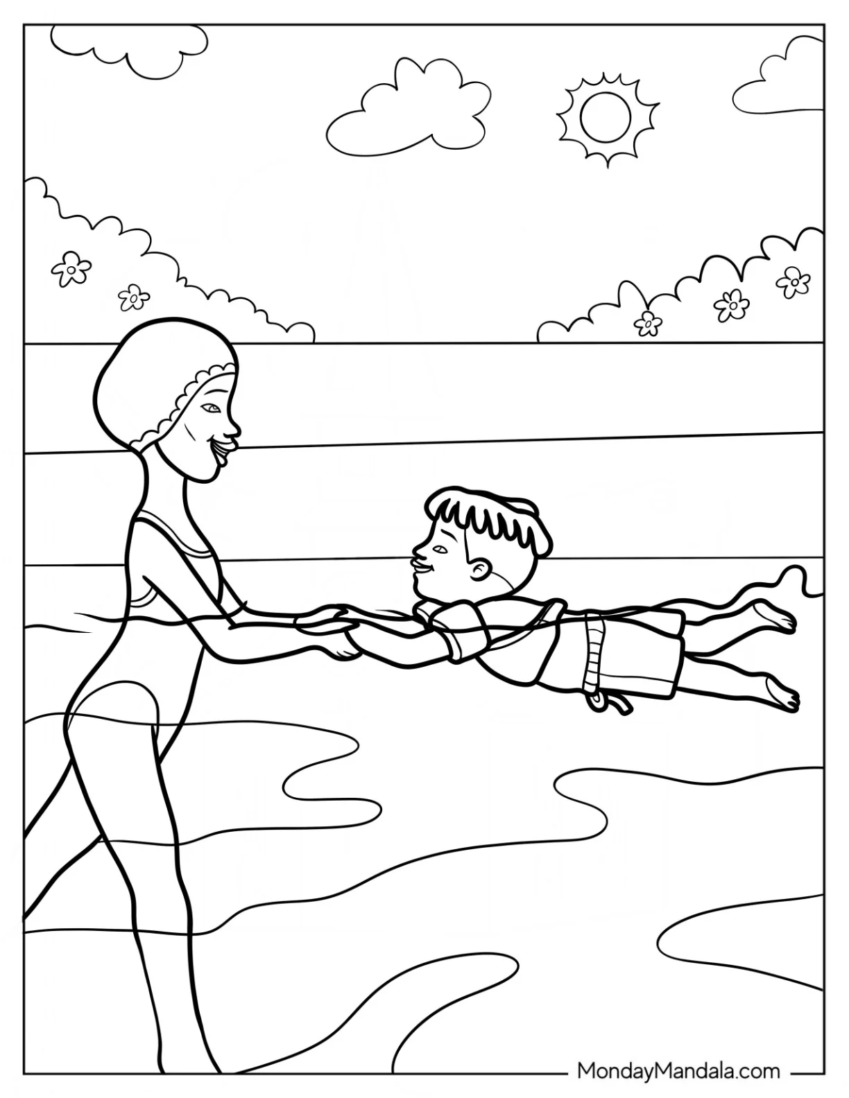 Swimming Coloring Page Of Mother Teaching Son To Swim coloring page
