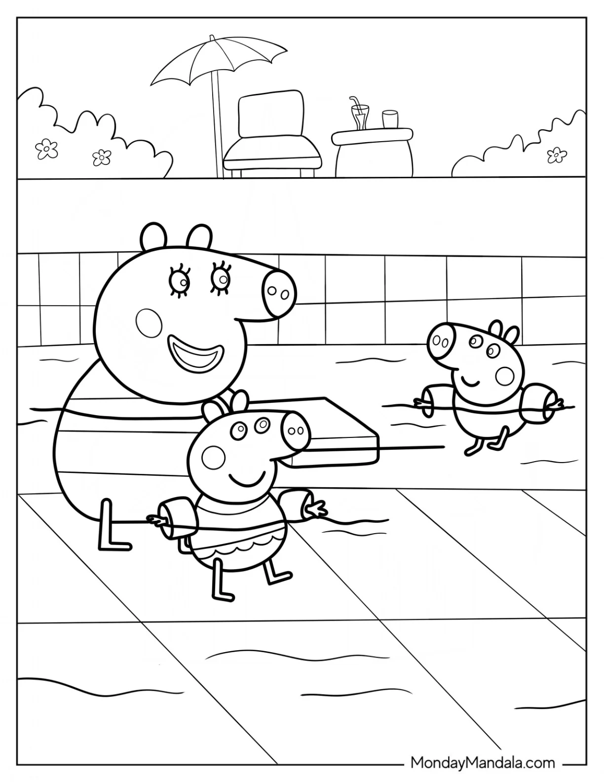 Swimming Coloring Page  Of Mummy Pig Teaching George Pig And Peppa Pig To Swim coloring page