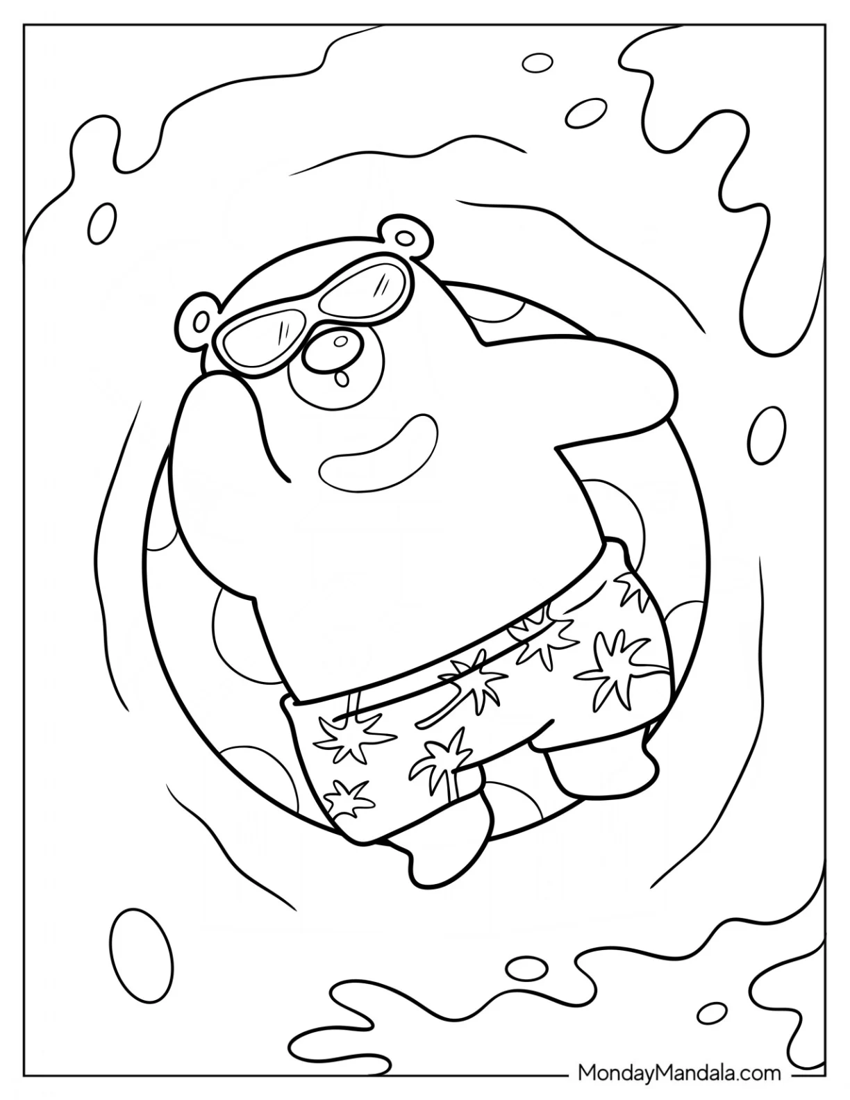Swimming Coloring Page Of Polar Bear With Sunglasses On An Inflatable In The Pool coloring page — printable line art