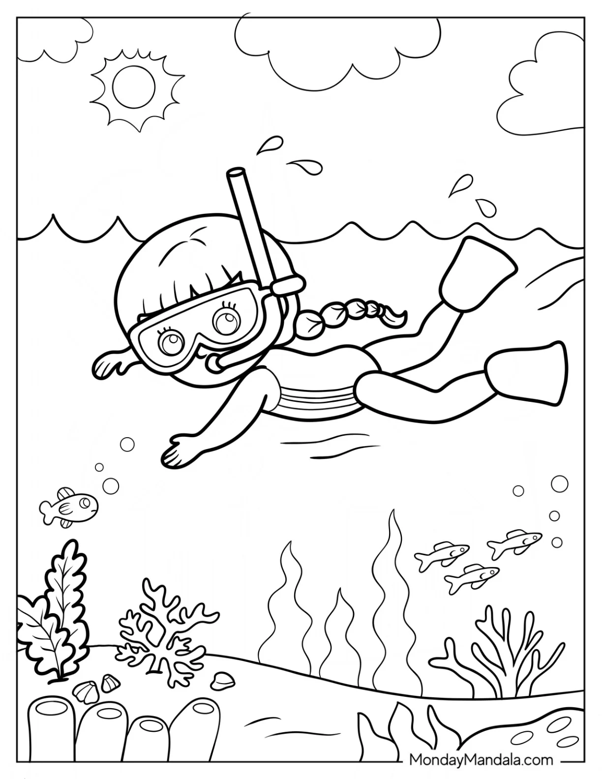 Swimming Coloring Page  OfGirl Snorkeling At The Sea coloring page
