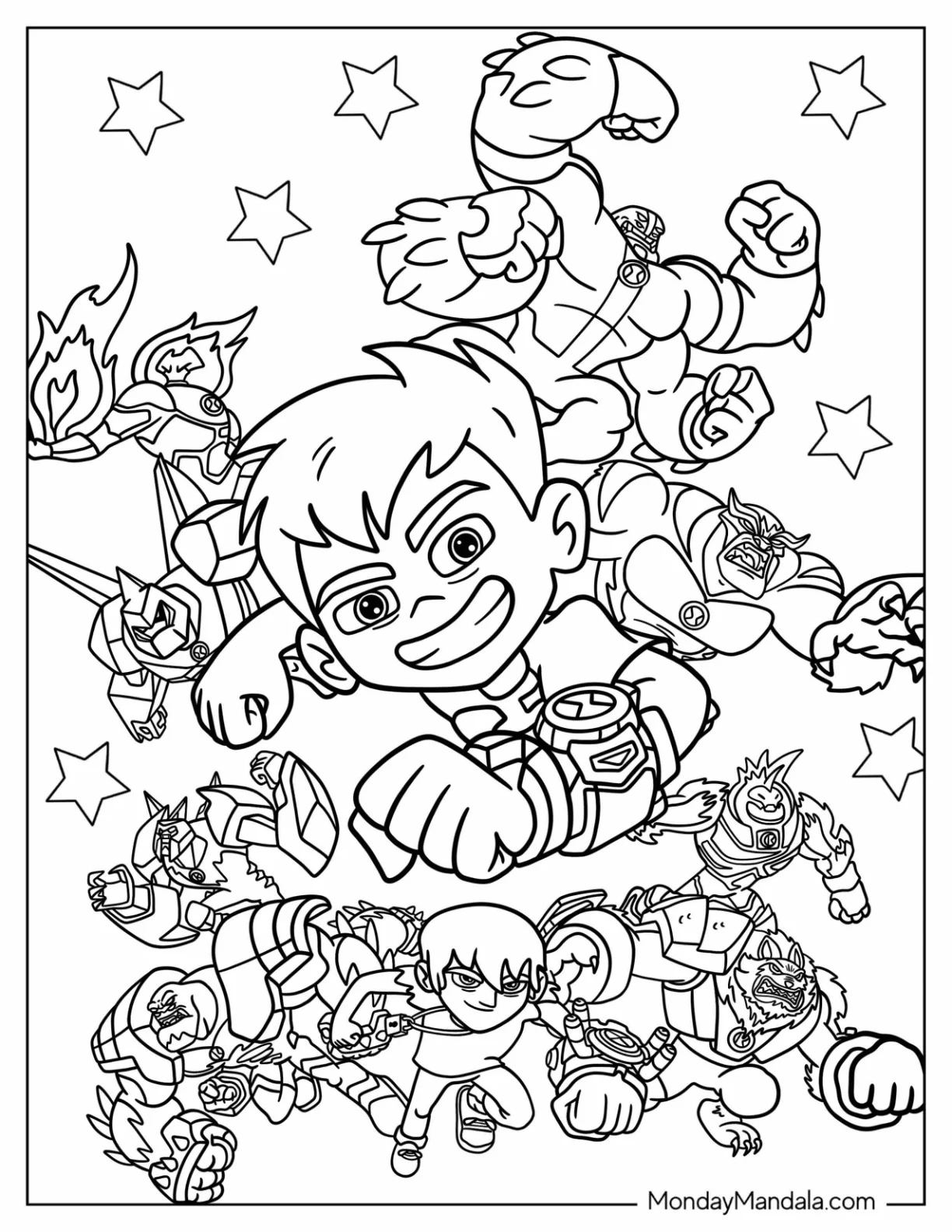 Cartoon Network Coloring Page of Ben Ten With All Alien Transformations coloring page