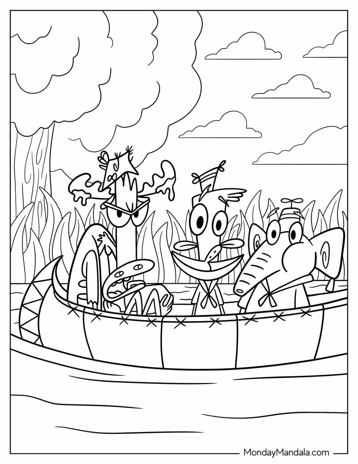 Cartoon Network Coloring Page of Camp Lazlo Lumpus, Hoo Ha, And Clam On A Boat coloring page — printable line art