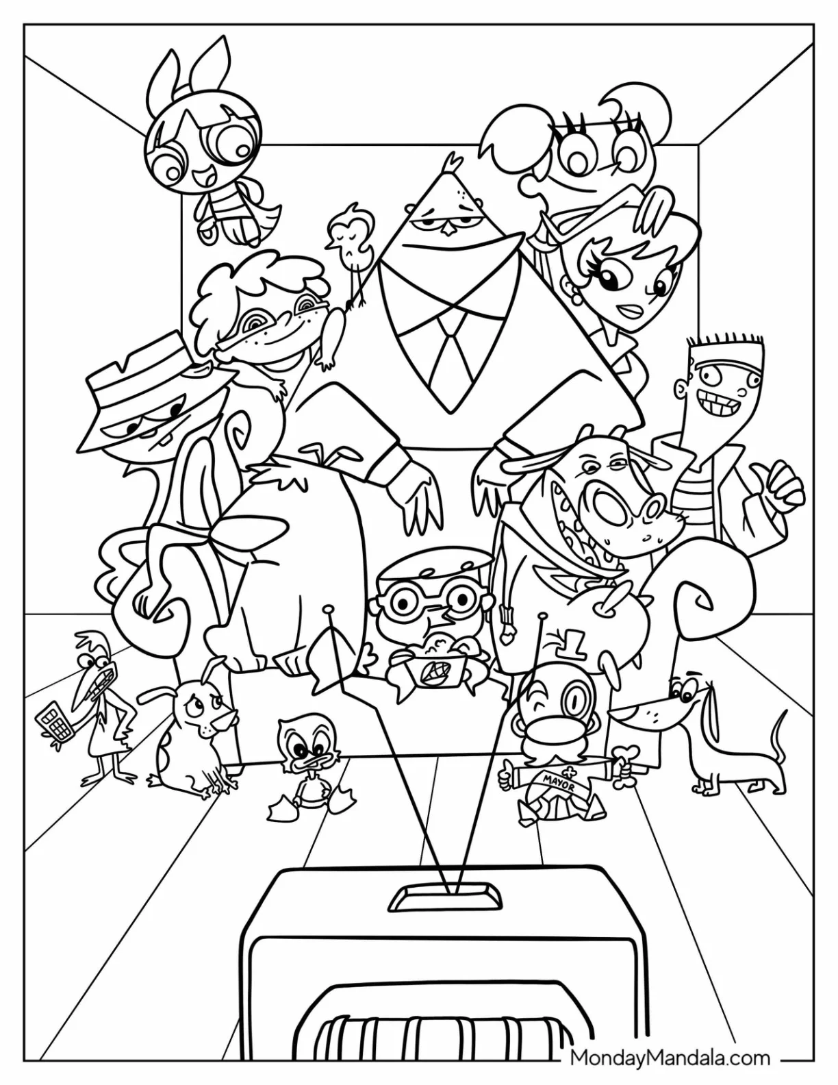 Cartoon Network Coloring Page of Characters Watching Television coloring page — printable line art