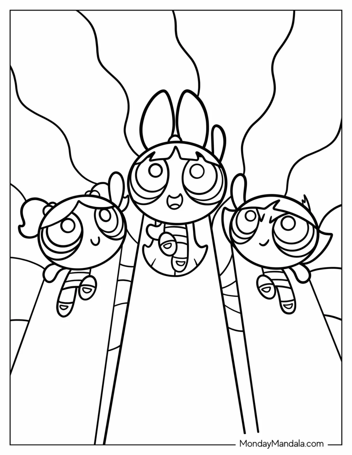 Cartoon Network Coloring Page of Powerpuff Girls Blossom, Buttercup, And Bubbles coloring page — printable line art