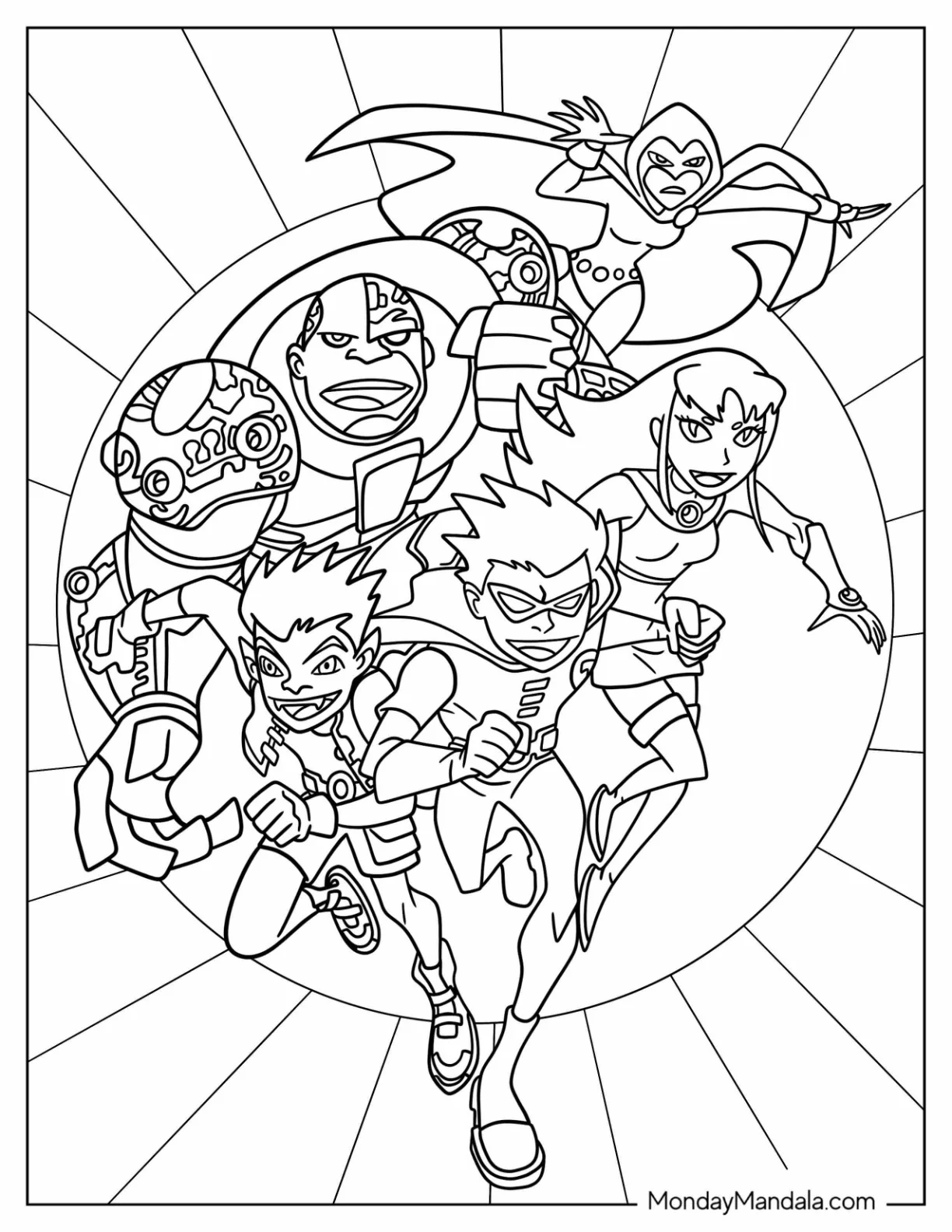 Cartoon Network Coloring Page of Teen Titans Cyborg, Beast Boy, Boy Wonder, Raven, Robin, And Starfire coloring page