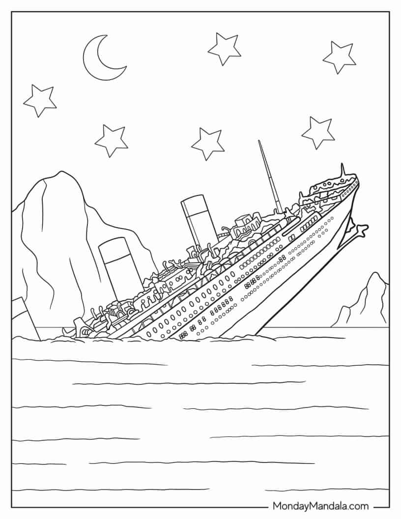 Titanic Sinks With Icebergs In Background coloring page