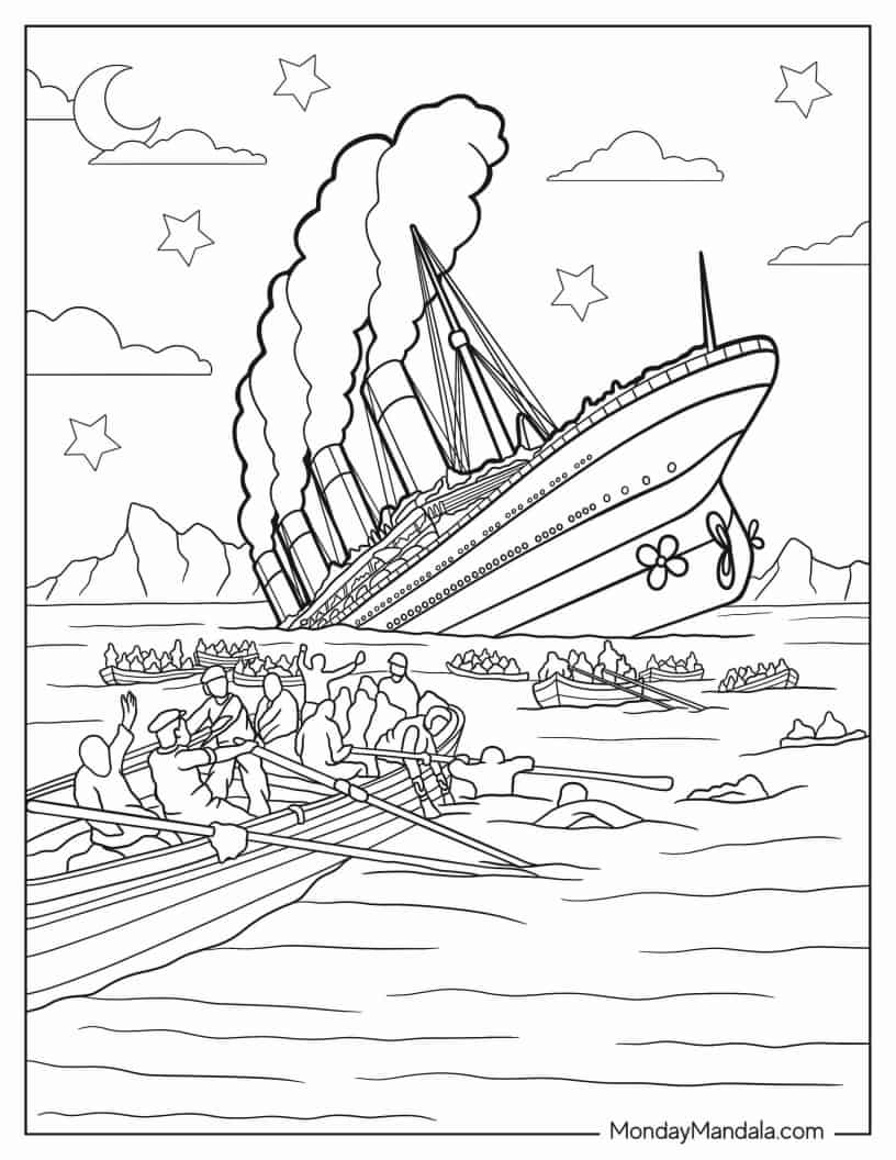 Titanic Survivors Rowing Away From Sinking Titanic To Color coloring page