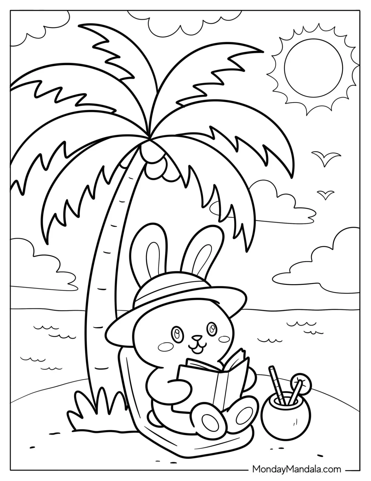 Adorable Summer Coloring Page Bunny in a Sun Hat Relaxing with a Book by the Sea coloring page — printable line art