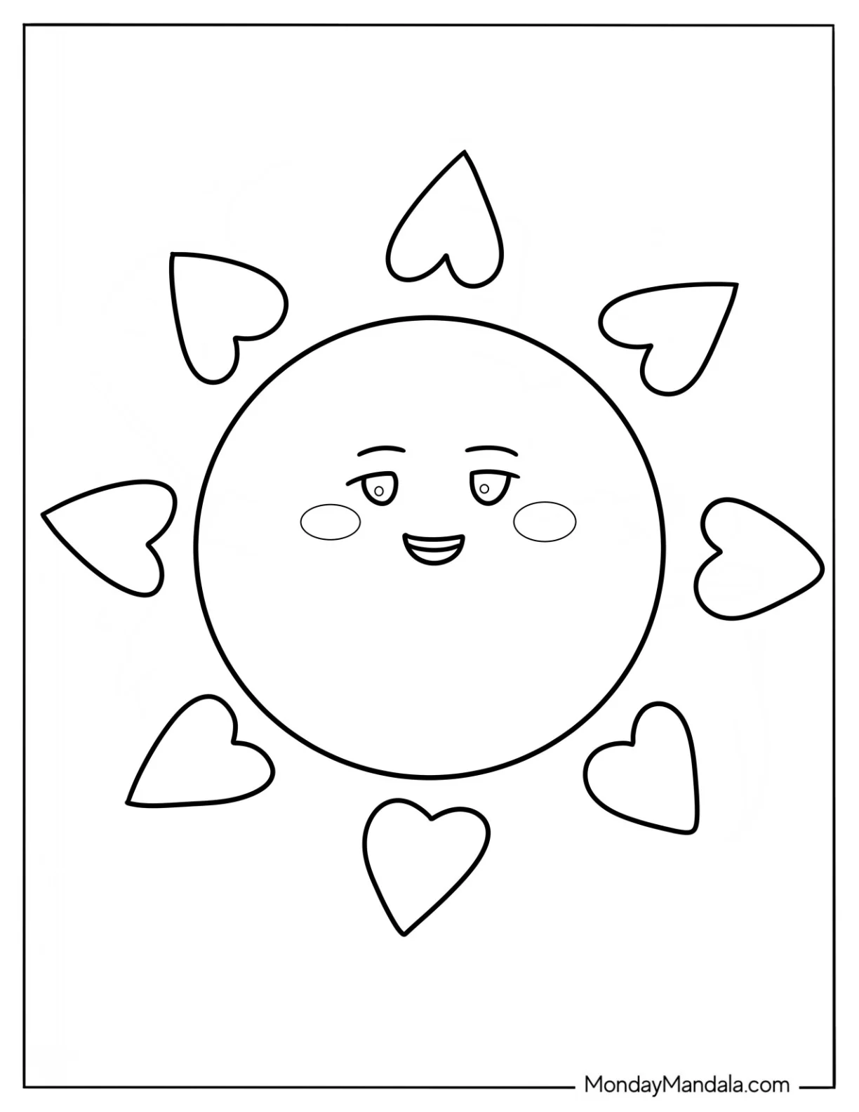Adorable Summer Coloring Page Of Sun With Love Heart Sunrays For Preschoolers coloring page