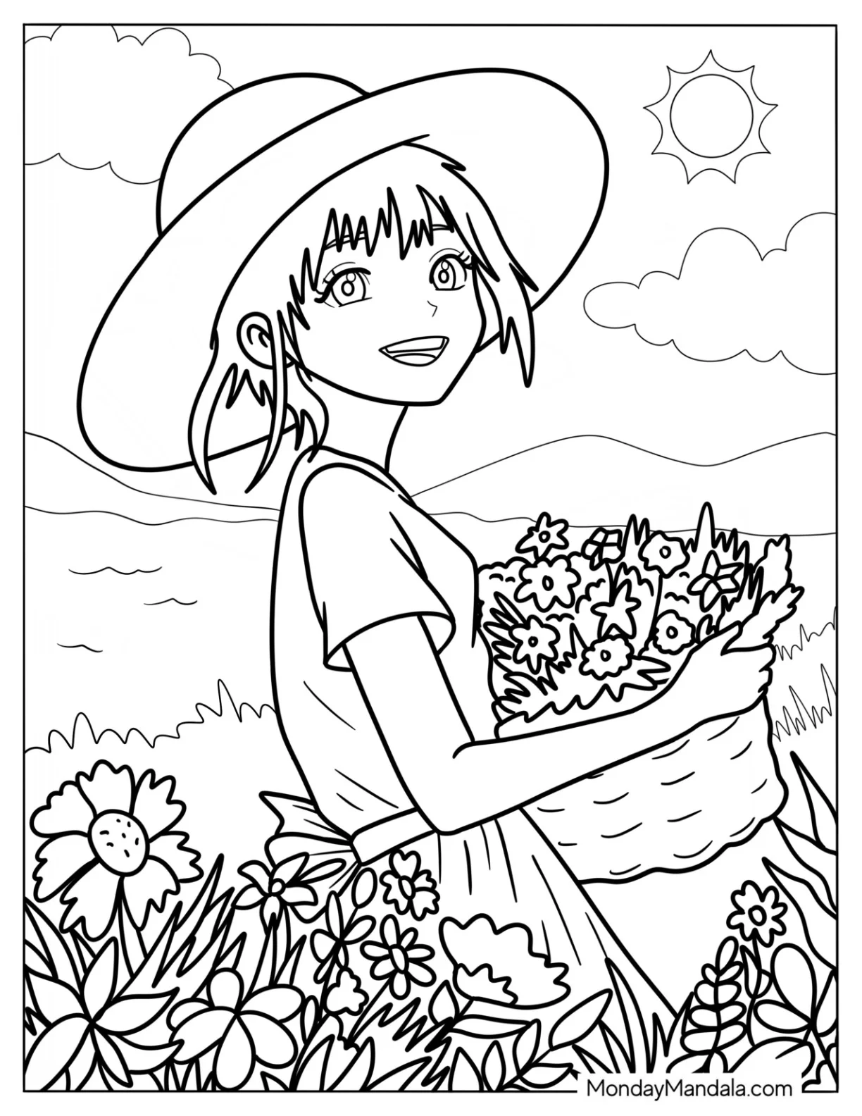 Anime Girl Gathering Flowers In The Summer Coloring Page For Kids coloring page