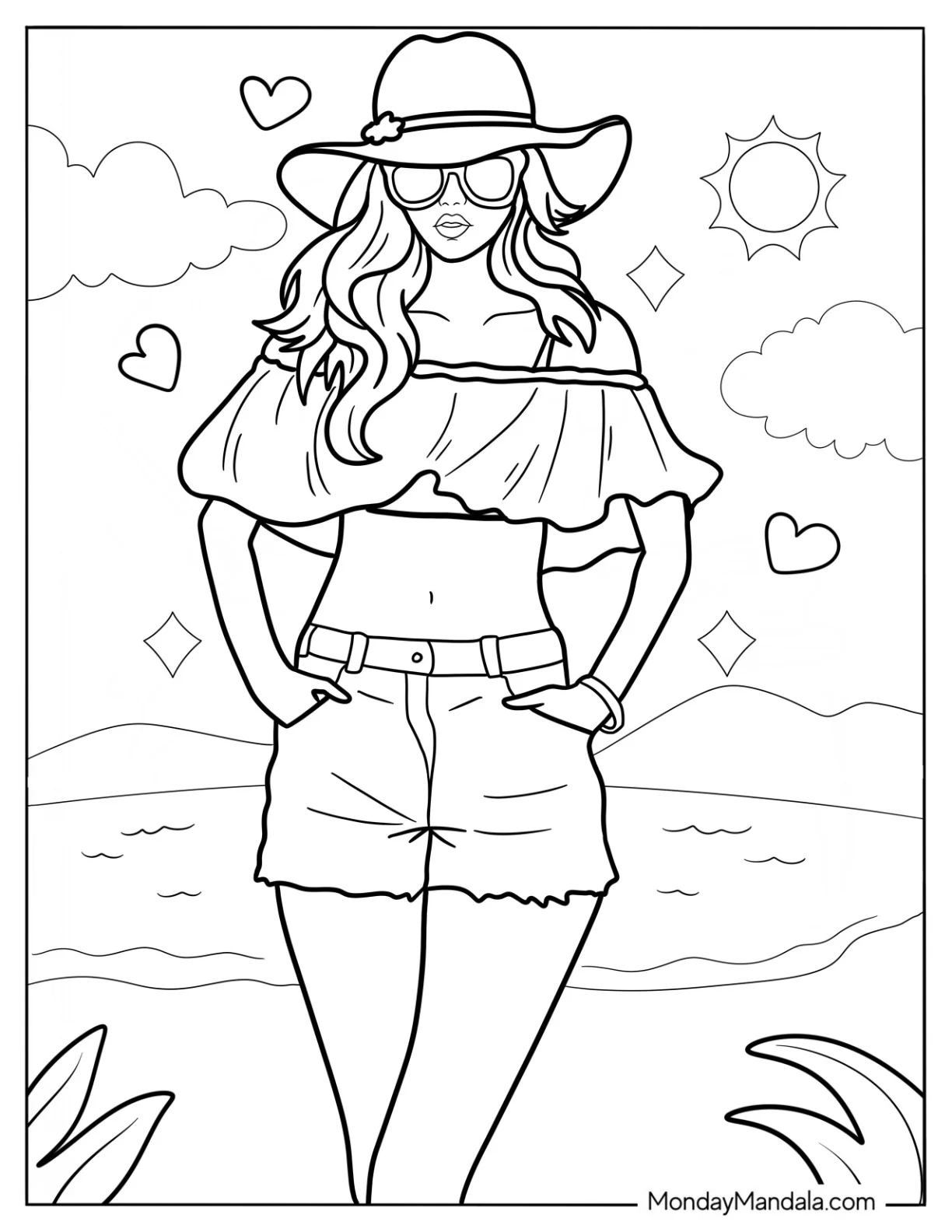 Beautiful Woman In A Summer Coloring Page Outfit At The Beach coloring page — printable line art