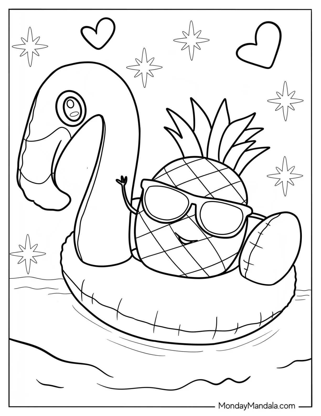 Cartoon Pineapple In A Flamingo Floatie Summer Coloring Page For Kids coloring page