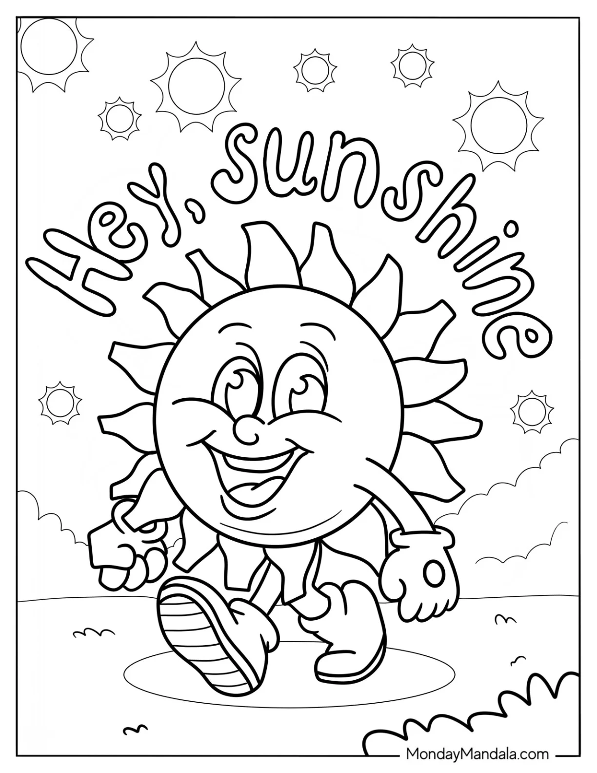 Cheerful Summer Coloring Page Of Sun Walking For Kids coloring page — printable line art