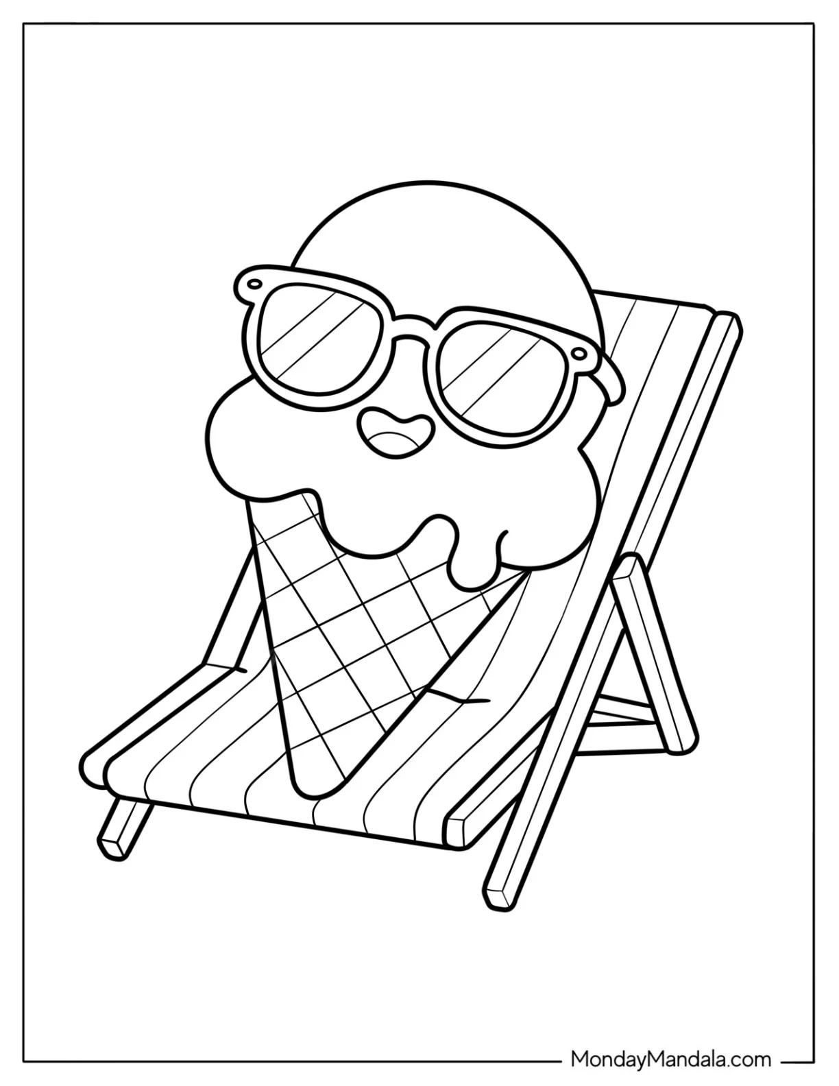Cool Summer Coloring Page Ice Cream Cone Relaxing on a Beach Chair for Preschoolers coloring page — printable line art
