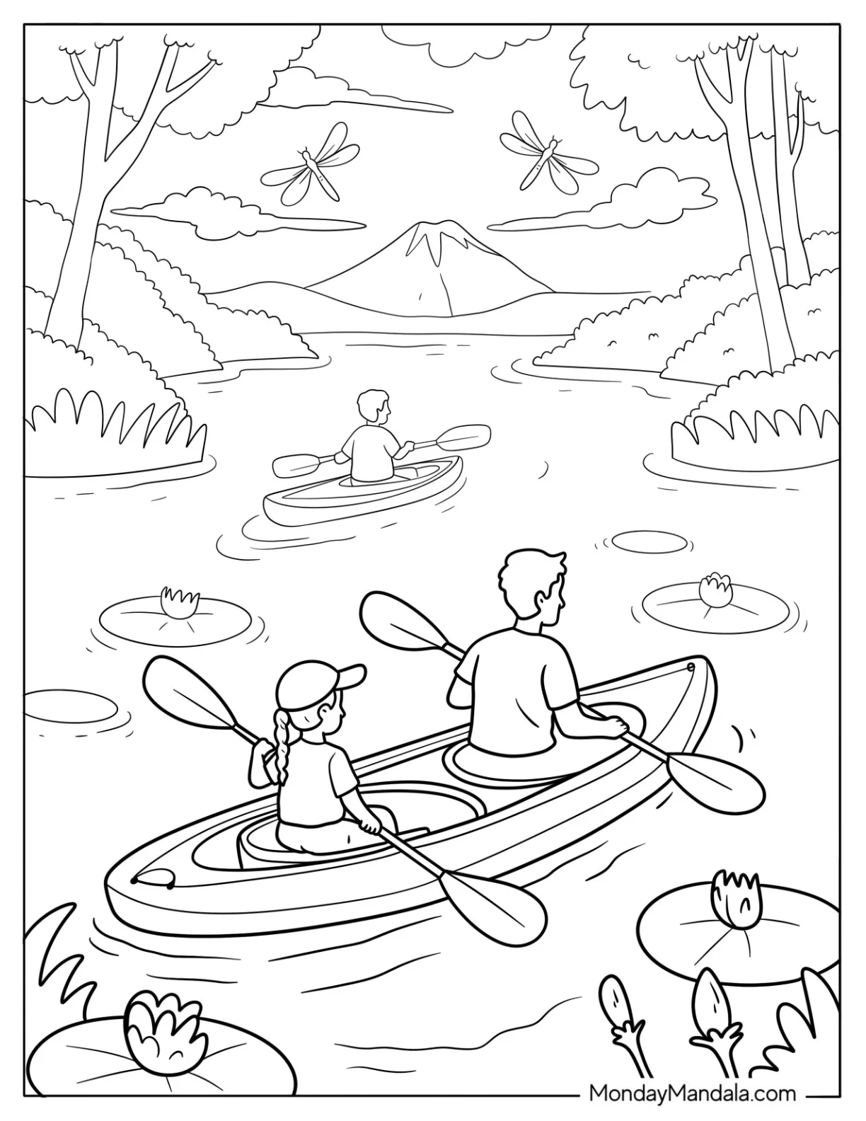 Family Kayaking Through Serene River with Lily Pads in Summer Coloring Page coloring page — printable line art
