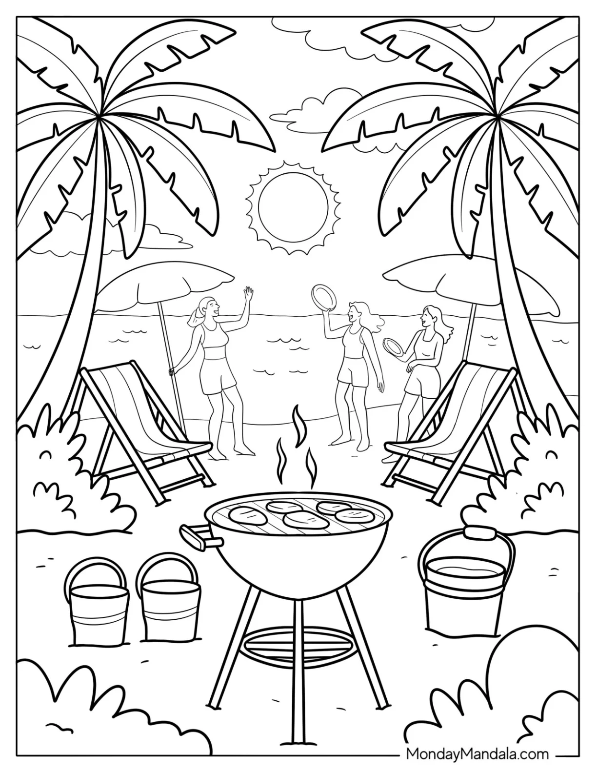 Friends Dancing and Grilling Meat in the Beach coloring page