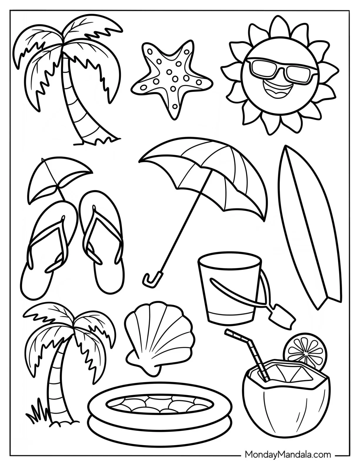 Full Page Summer Coloring Page Of Elements coloring page — printable line art
