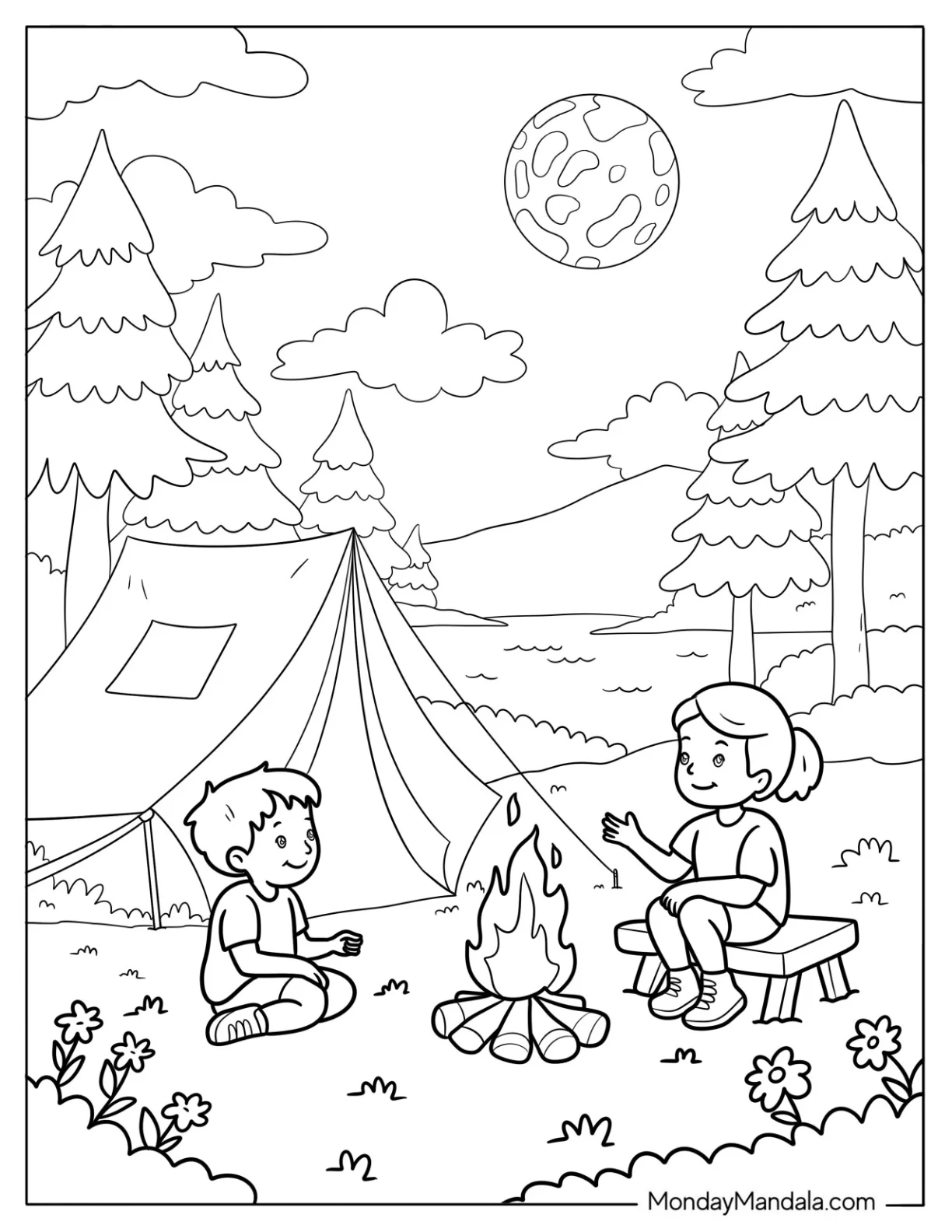 Girl and Boy Summer Coloring Page Camping in the Forest with Bonfire for Kids coloring page — printable line art