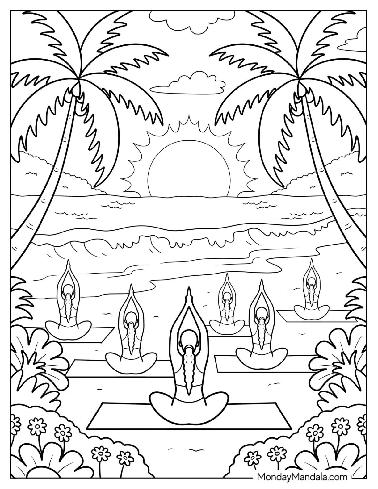 Group Yoga on a Summer Coloring Page Beach Surrounded by Palm Trees and Ocean Breeze coloring page