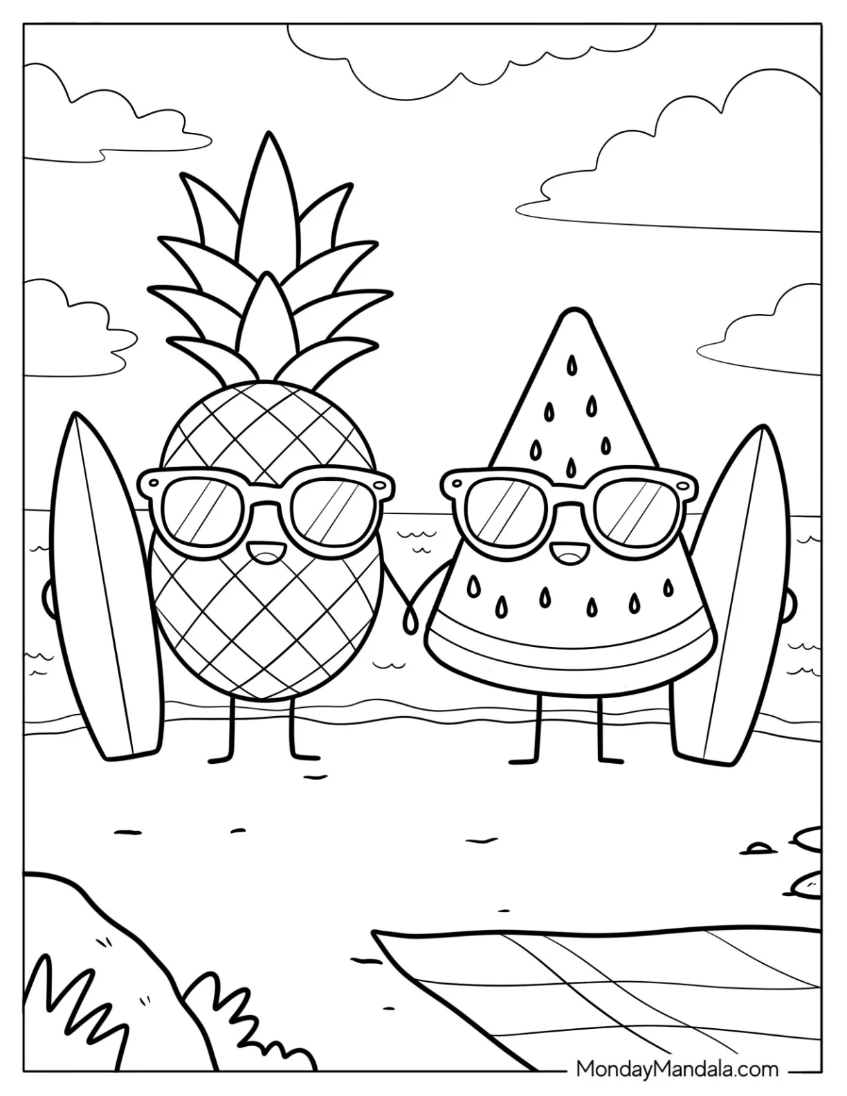 Pineapple and Watermelon Surfers Wearing Sunglasses in Summer Coloring Page for Kids coloring page — printable line art