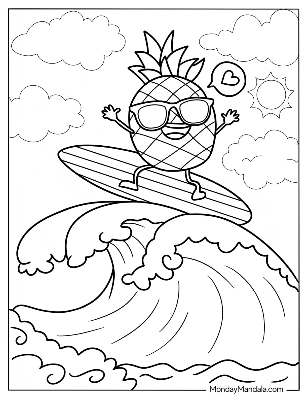 Pineapple Surfing In Summer Coloring Page For Kids coloring page — printable line art