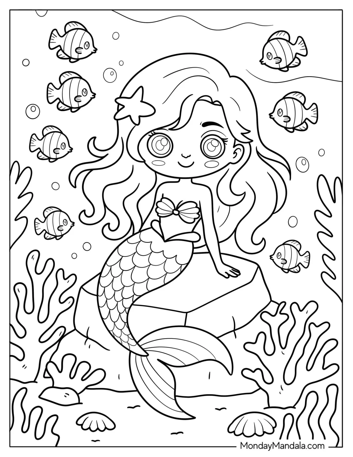 Playful Summer Coloring Page of Mermaid Surrounded by Coral Reef and Friendly Fish for Preschoolers coloring page — printable line art