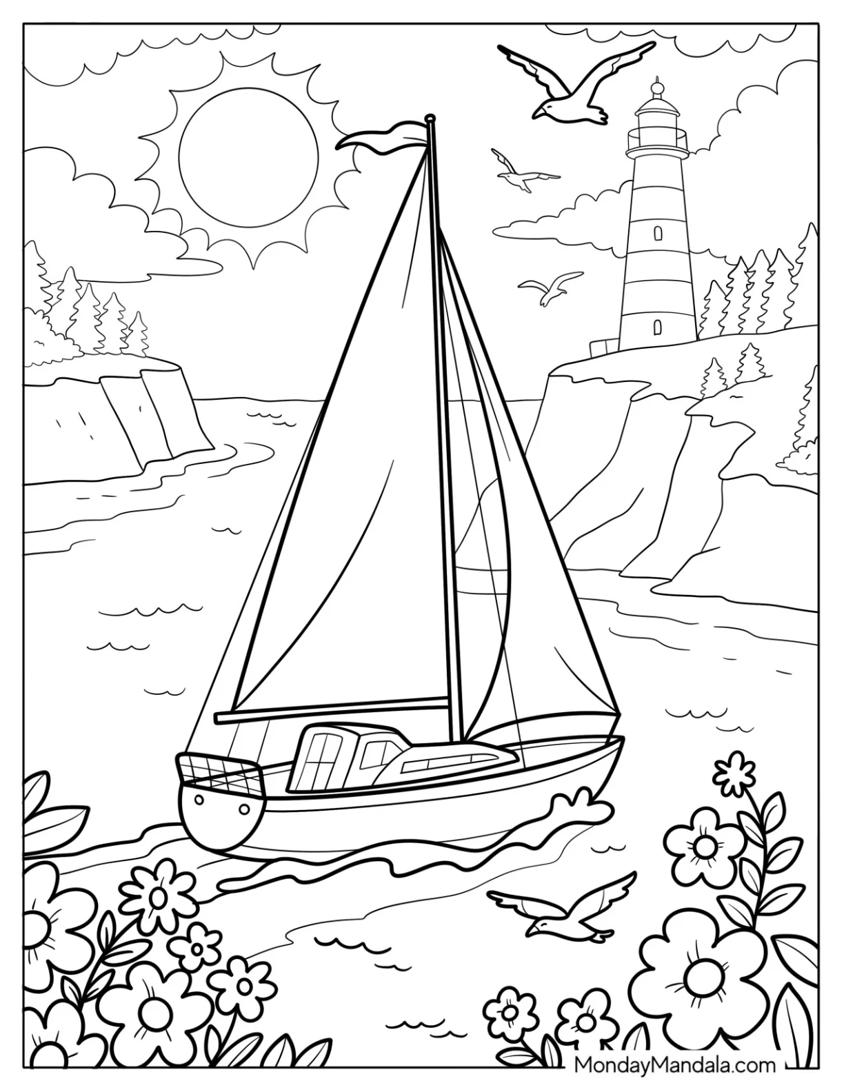 Sailboat on a Summer Coloring Page Sea with Rocky Cliffs and Lighthouse in the Distance coloring page — printable line art