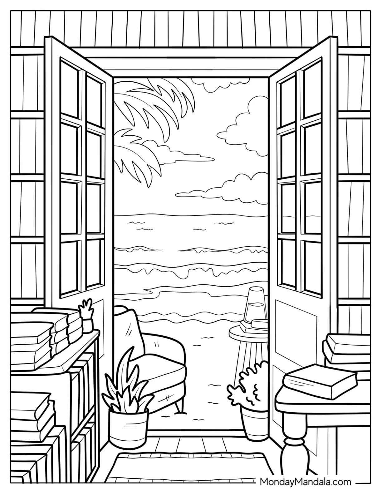 Scenic View Of Beach From House Summer Coloring Page coloring page — printable line art