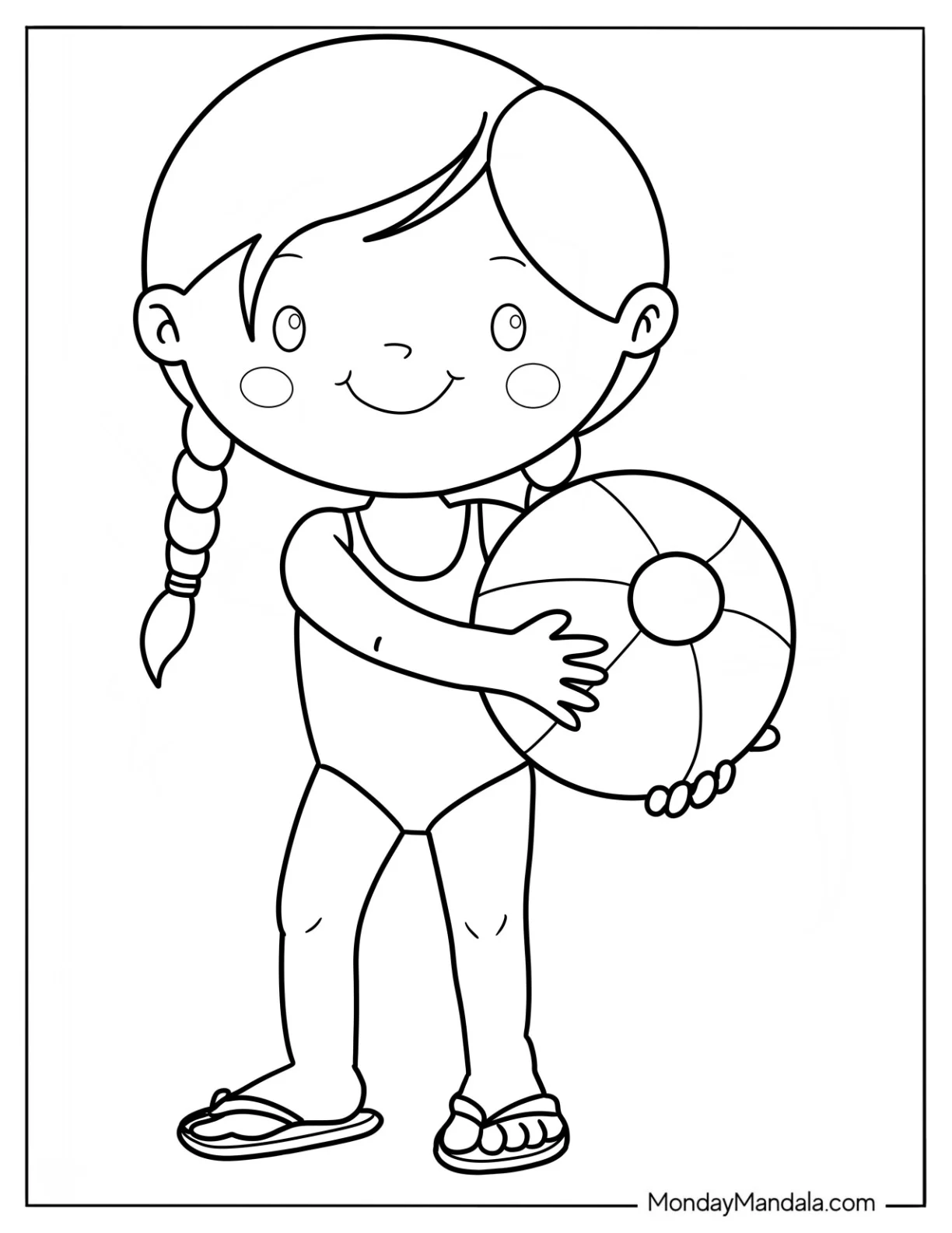 Simple Girl In Swimsuit With A Beach Ball Summer Coloring Page For Kids coloring page