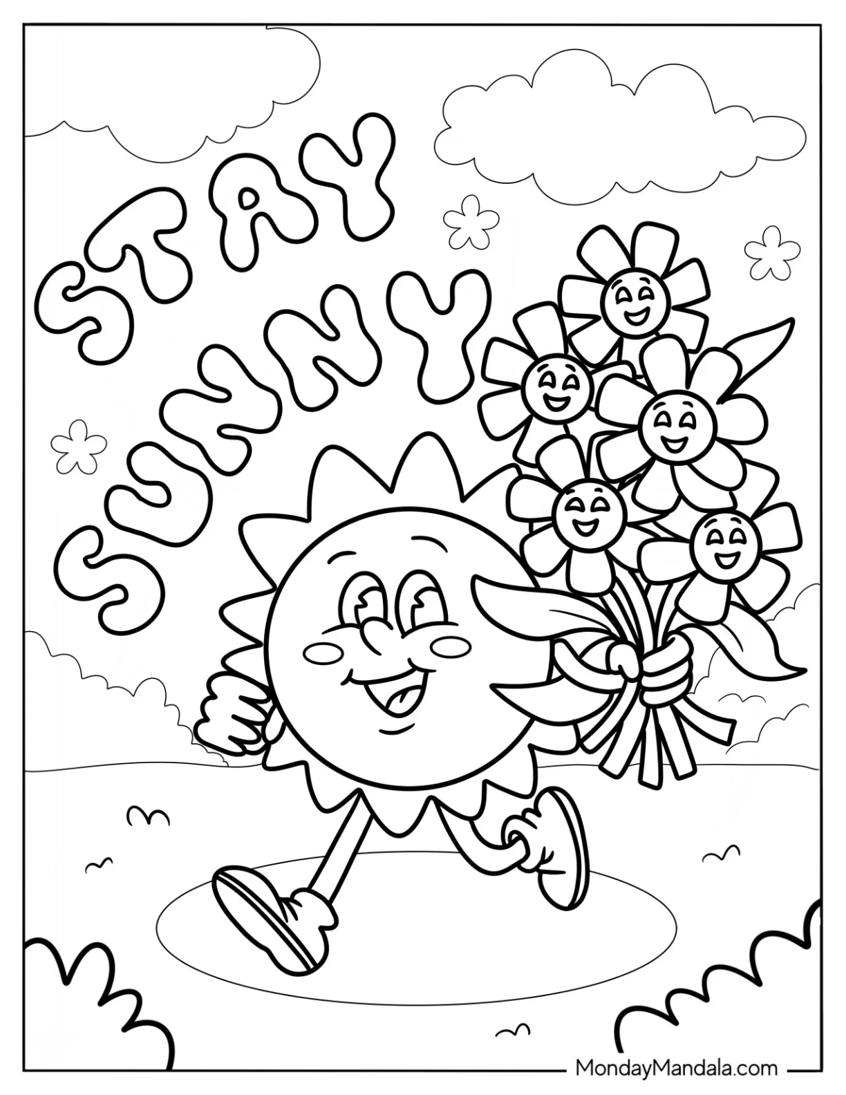 Stay Sunny With Sun And Flowers Summer Coloring Page For Kids coloring page