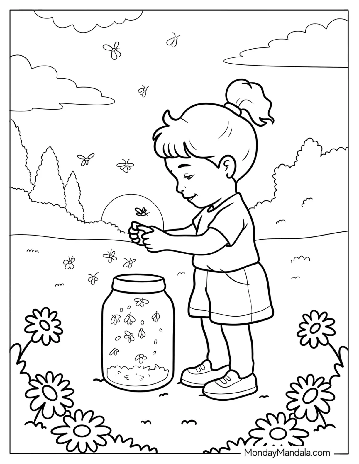 Summer Coloring Page Evening with Child Playing Among Flowers and Fireflies coloring page