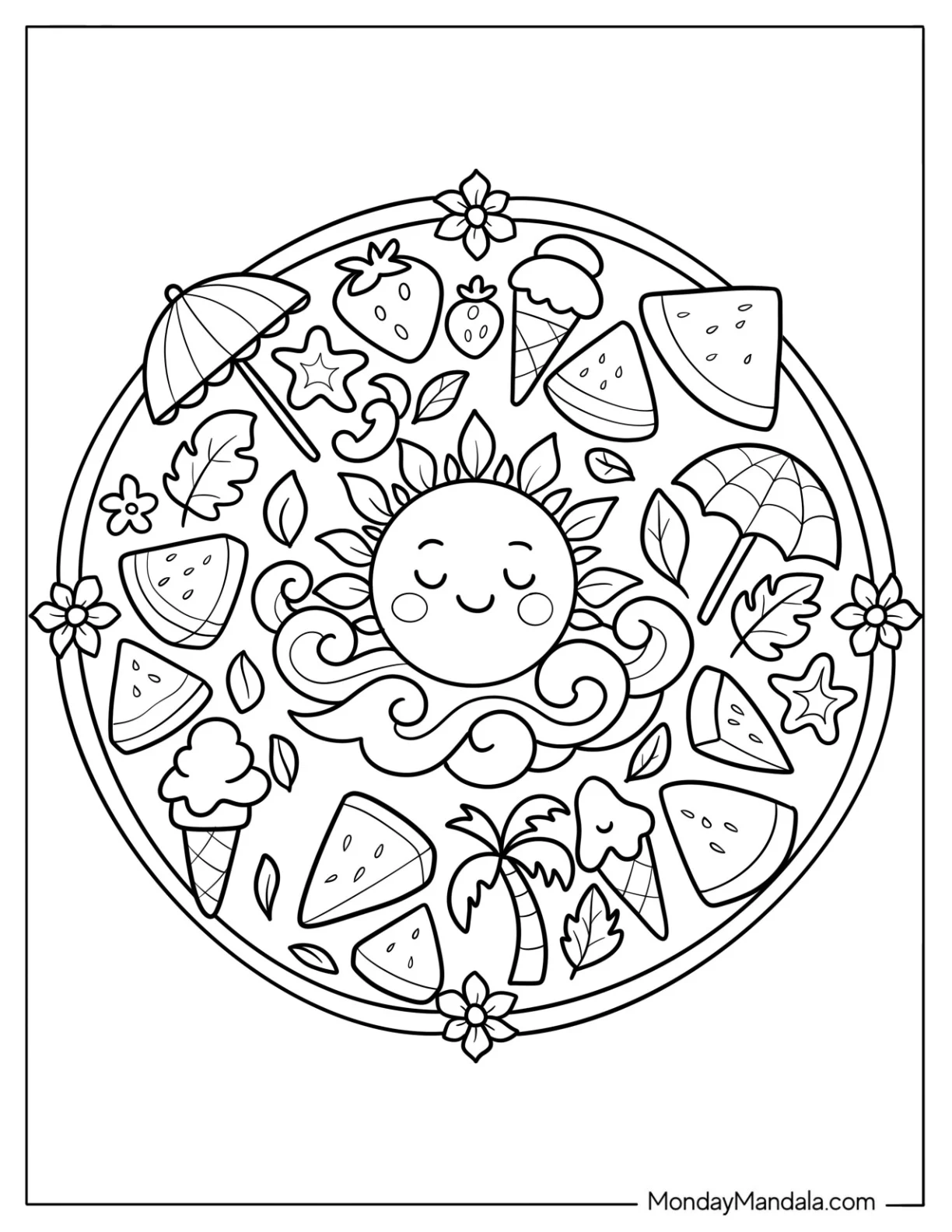 Summer Coloring Page Mandala with Smiling Sun, Watermelon Slices, and Ice Cream For Kids coloring page