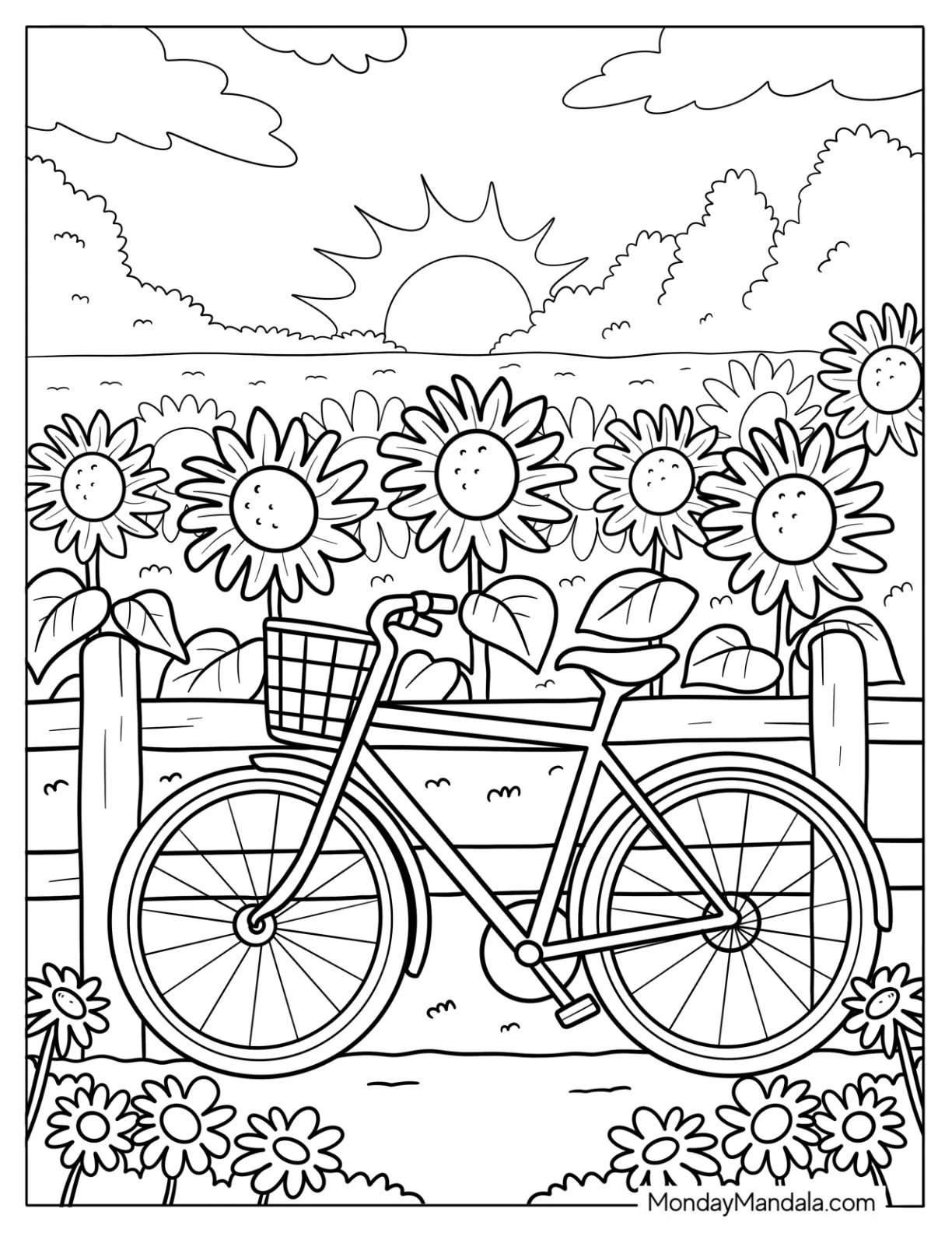 Summer Coloring Page Morning with Bicycle by a Wooden Fence and Sunny Flower Field coloring page — printable line art