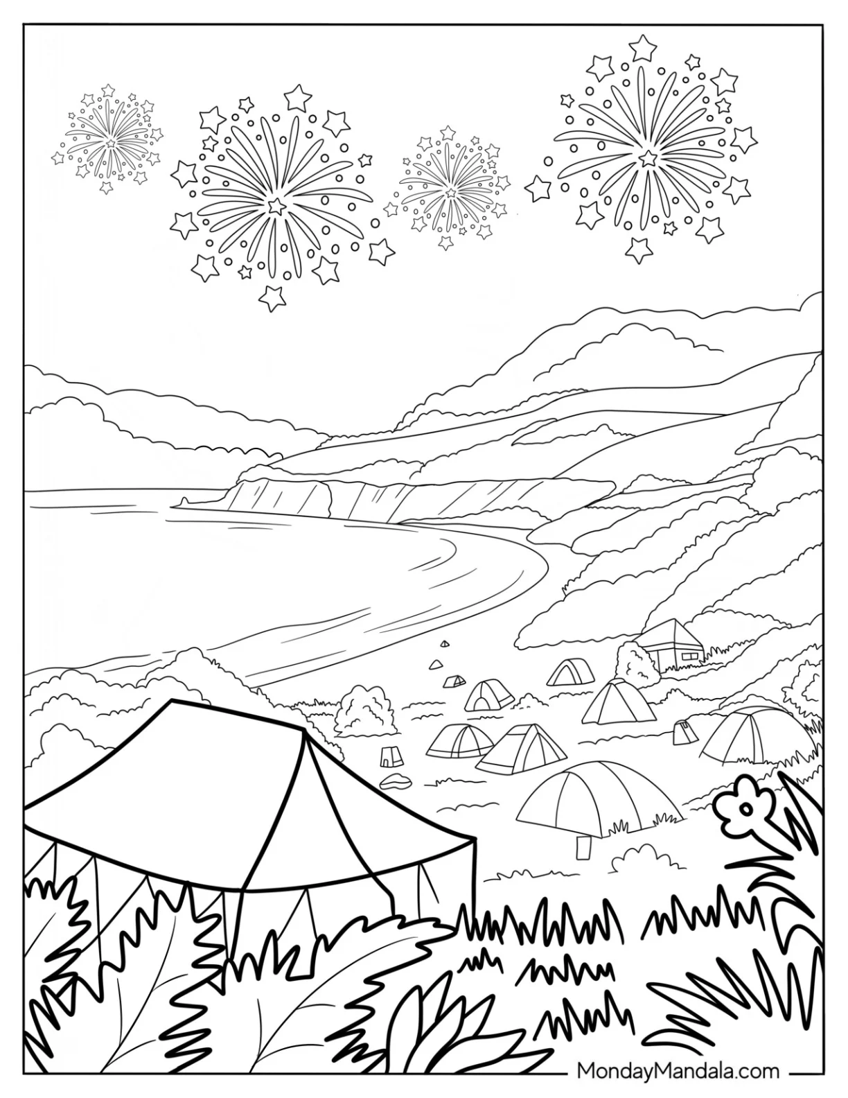 Summer Coloring Page Of Beach Camping With Fireworks In The Sky coloring page — printable line art