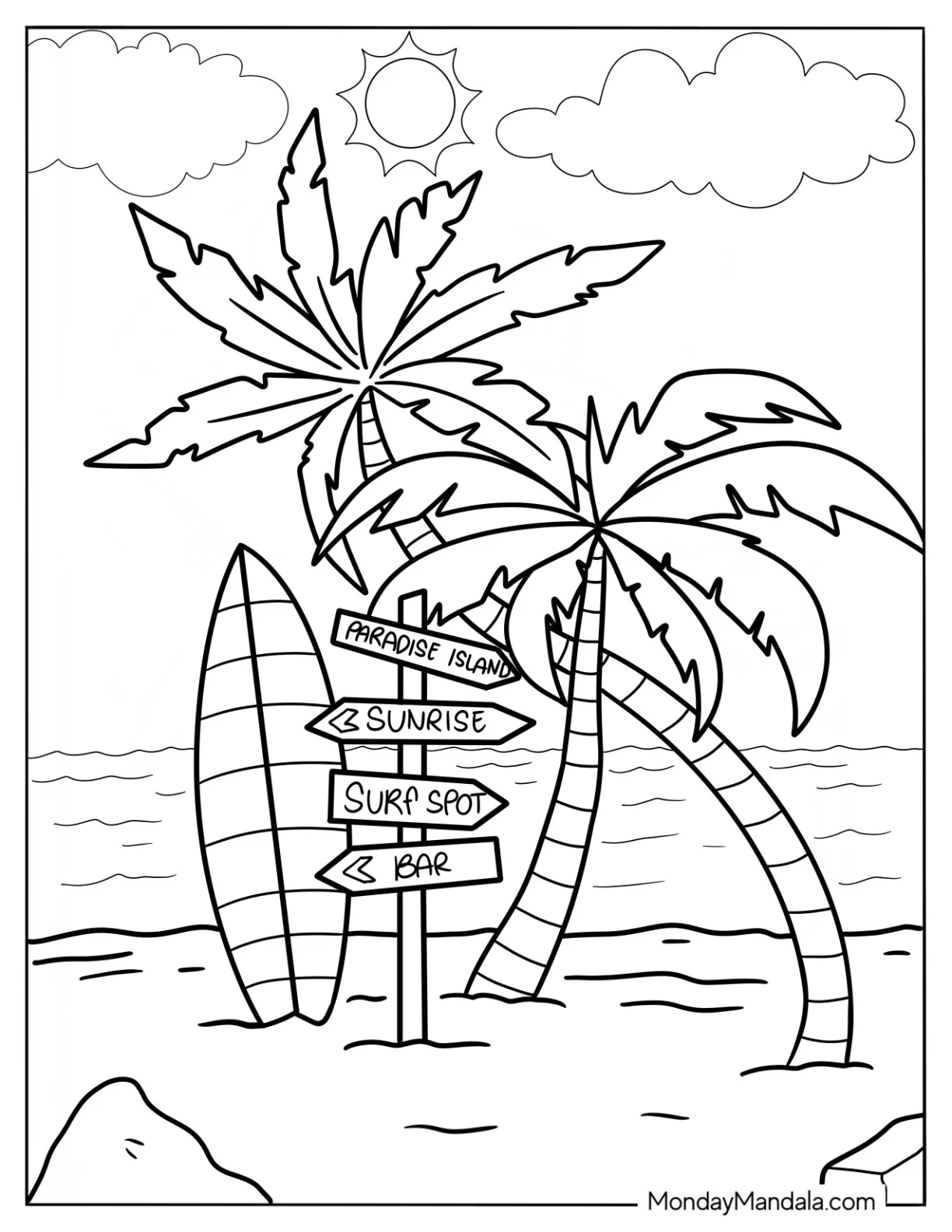 Summer Coloring Page Of Beach Scene With Road Sign, Palm Trees, And Surf Board coloring page — printable line art
