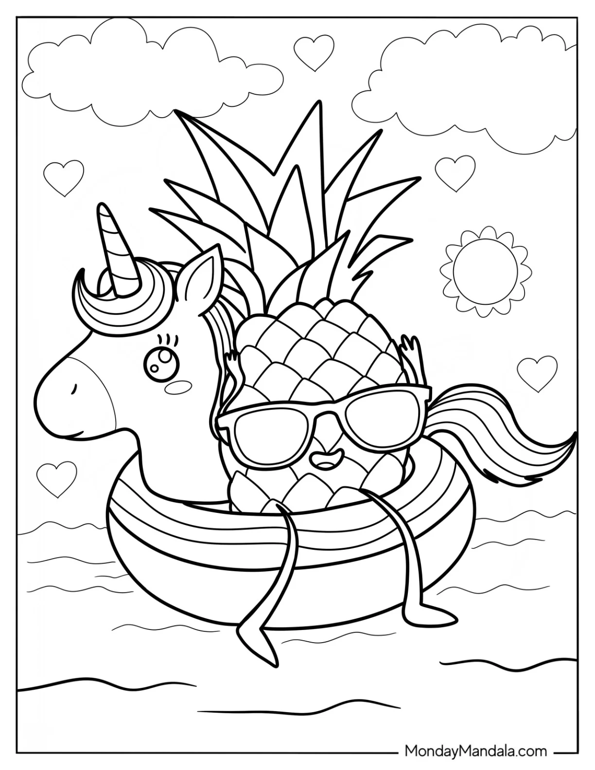 Summer Coloring Page Of Cheerful Pineapple On A Unicorn Floatie coloring page — printable line art