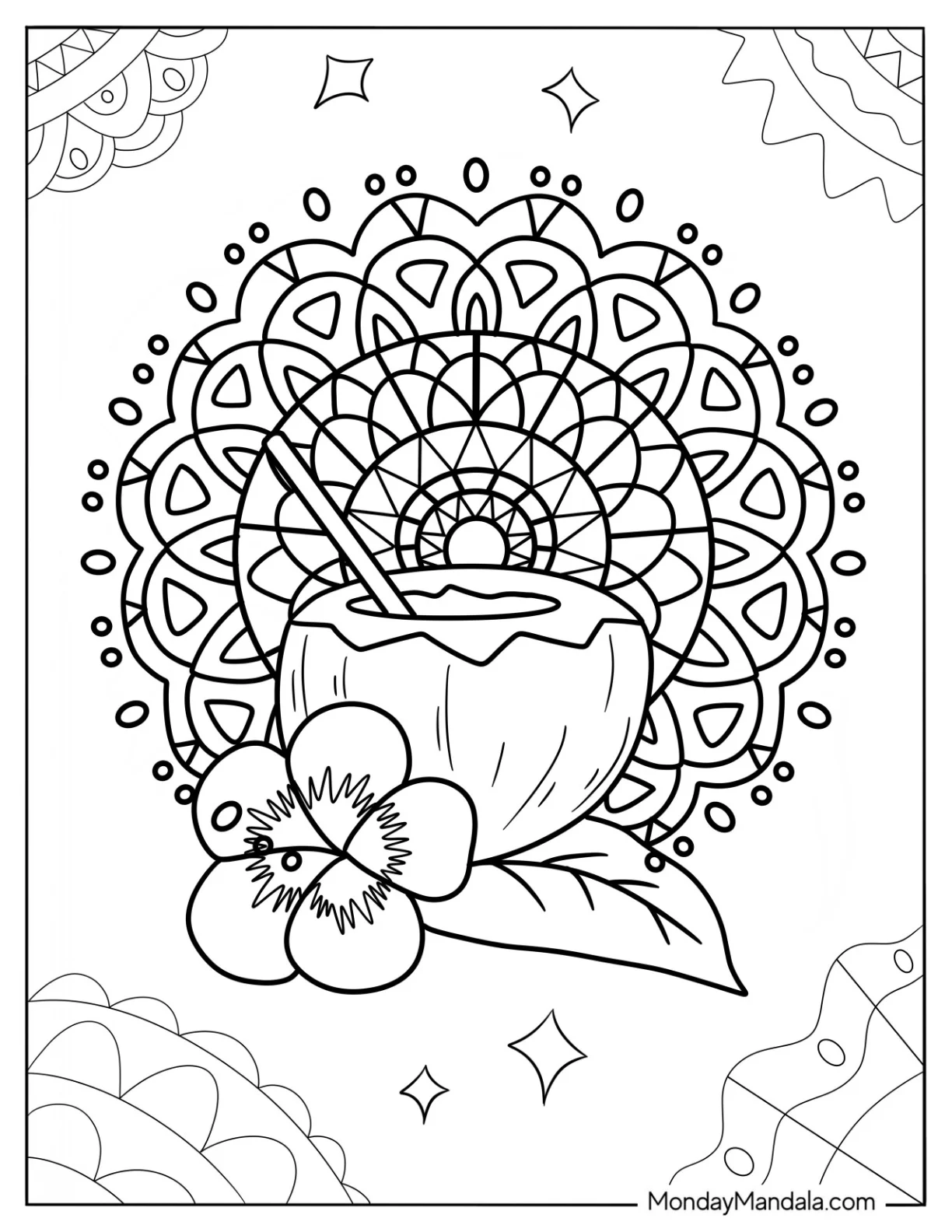 Summer Coloring Page Of Coconut Drink With Hibiscus Flower And Mandala coloring page