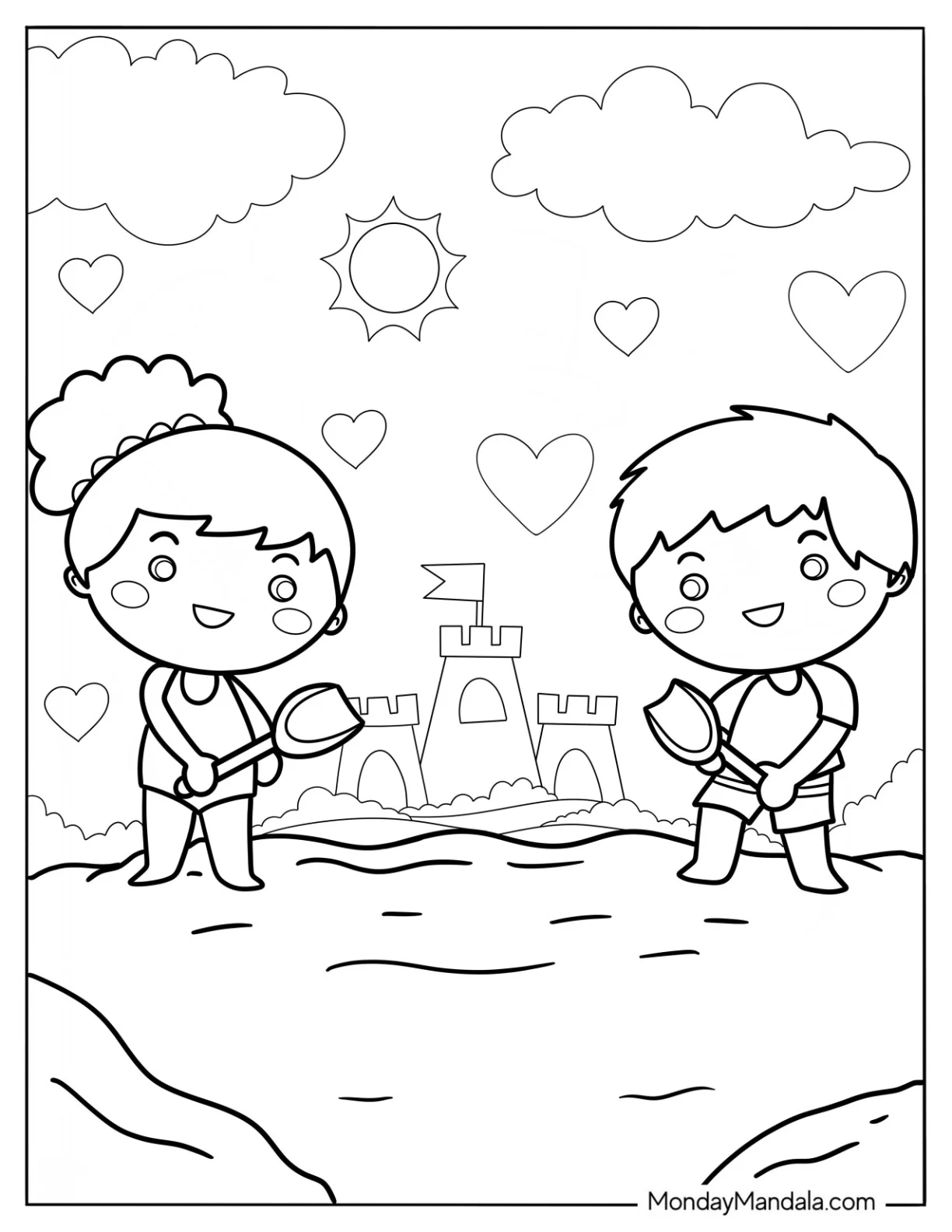 Summer Coloring Page Of Cute Chibi Children Making A Sandcastle For Kids coloring page