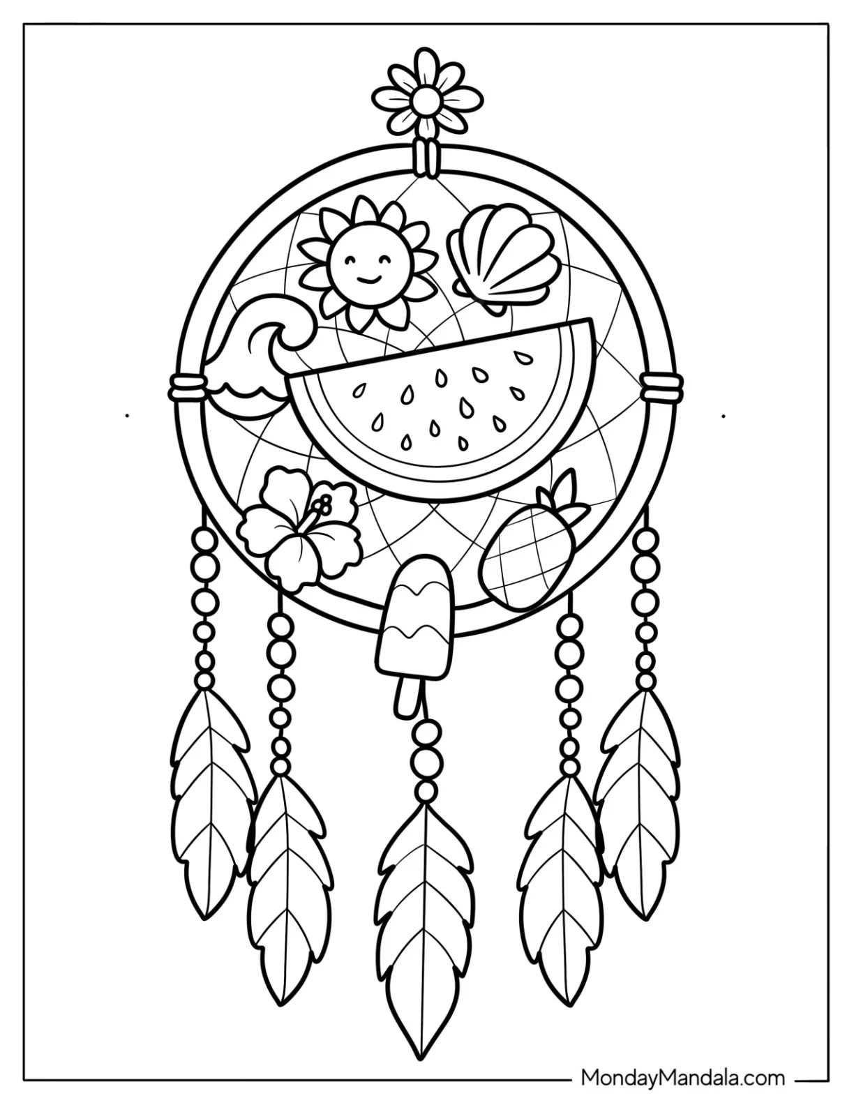 Summer Coloring Page of Dreamcatcher with Watermelon, Sunshine, and Tropical Charms for Kids coloring page — printable line art
