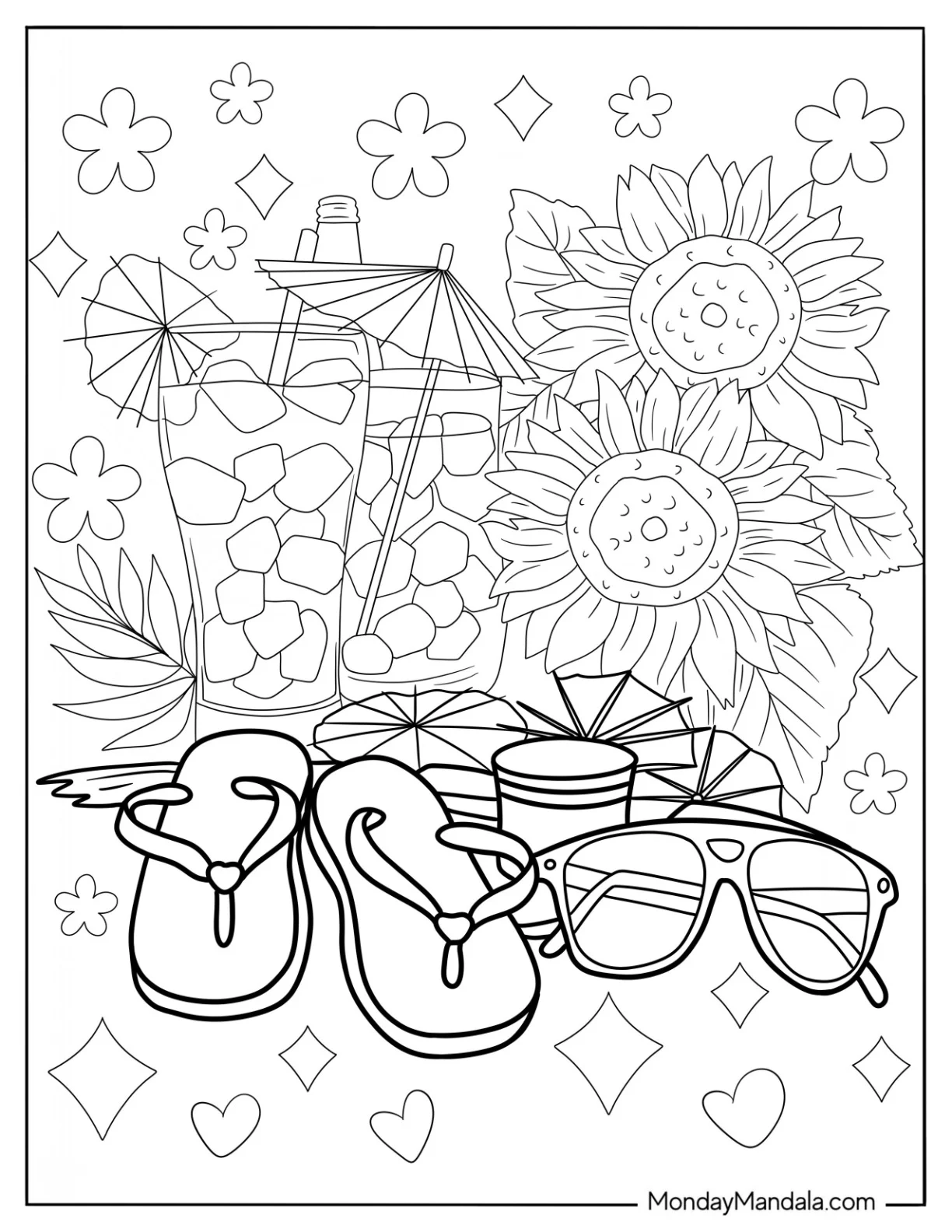 Summer Coloring Page Of Drink, Flowers, Sunglasses, And Flip Flops coloring page — printable line art