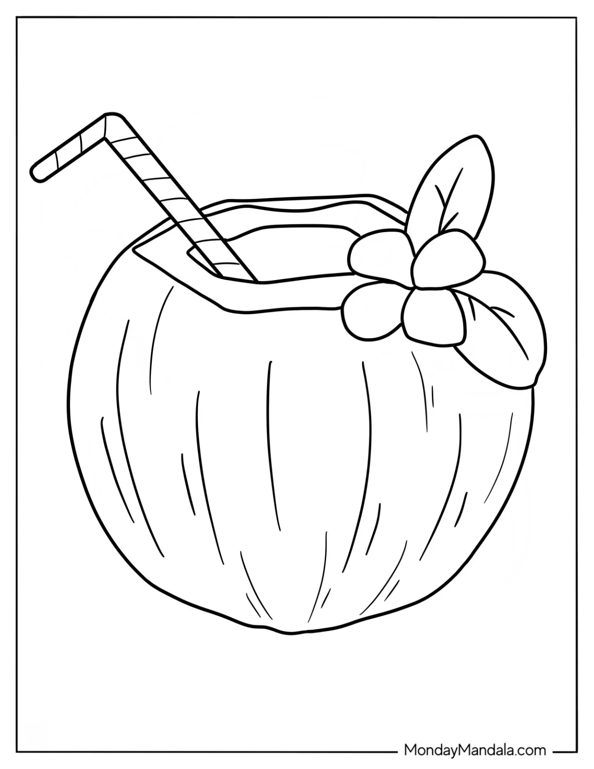 Summer Coloring Page Of Easy Coconut Drink With A Flower For Kids coloring page — printable line art