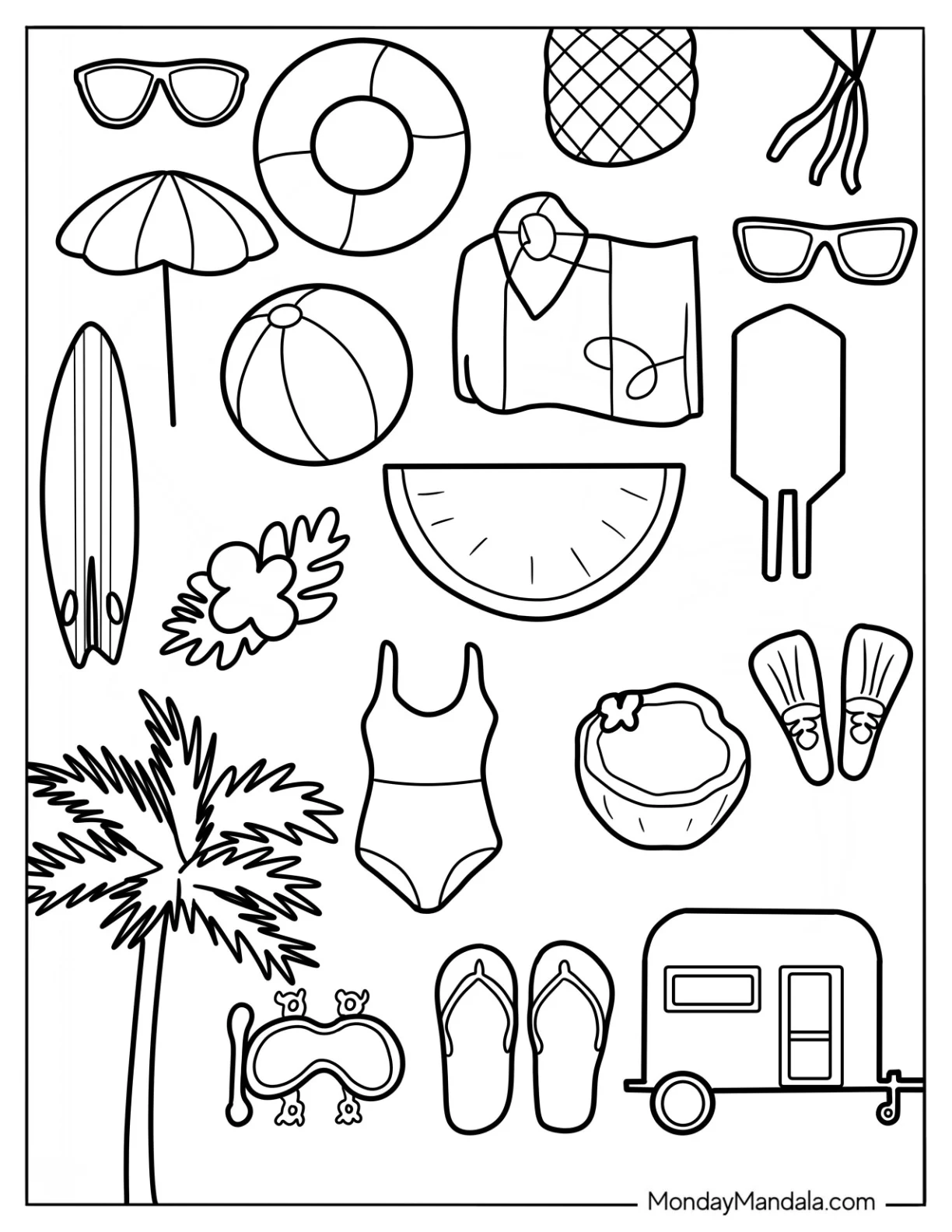 Summer Coloring Page Of Flowers, Swimsuit, Hat, Camper Van, Tree, Surfboard, And Drinks coloring page — printable line art