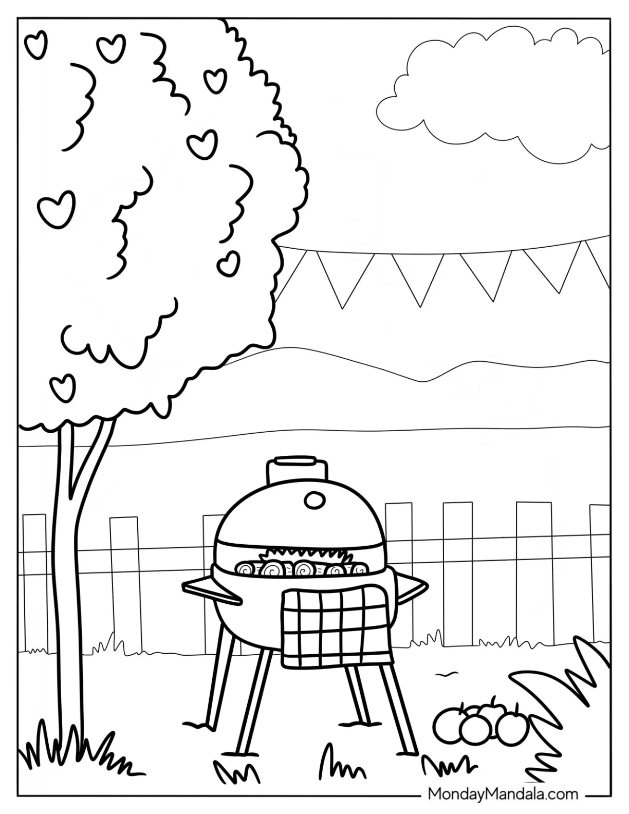 Summer Coloring Page Of Grill In The Backyard With Apples On The Grass coloring page